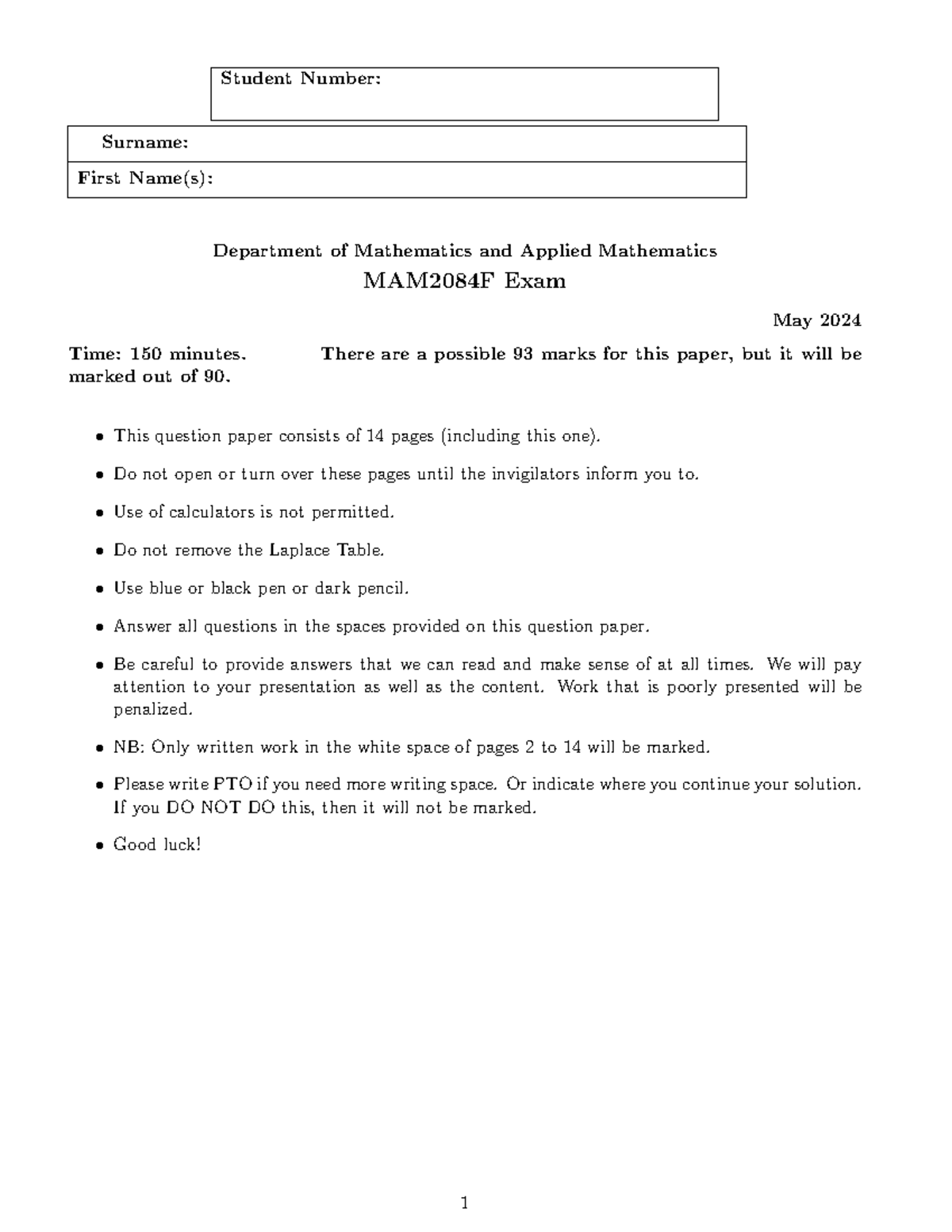 2024 MAM2084F Final Exam - Mathematics and Applied Mathematics - Studocu