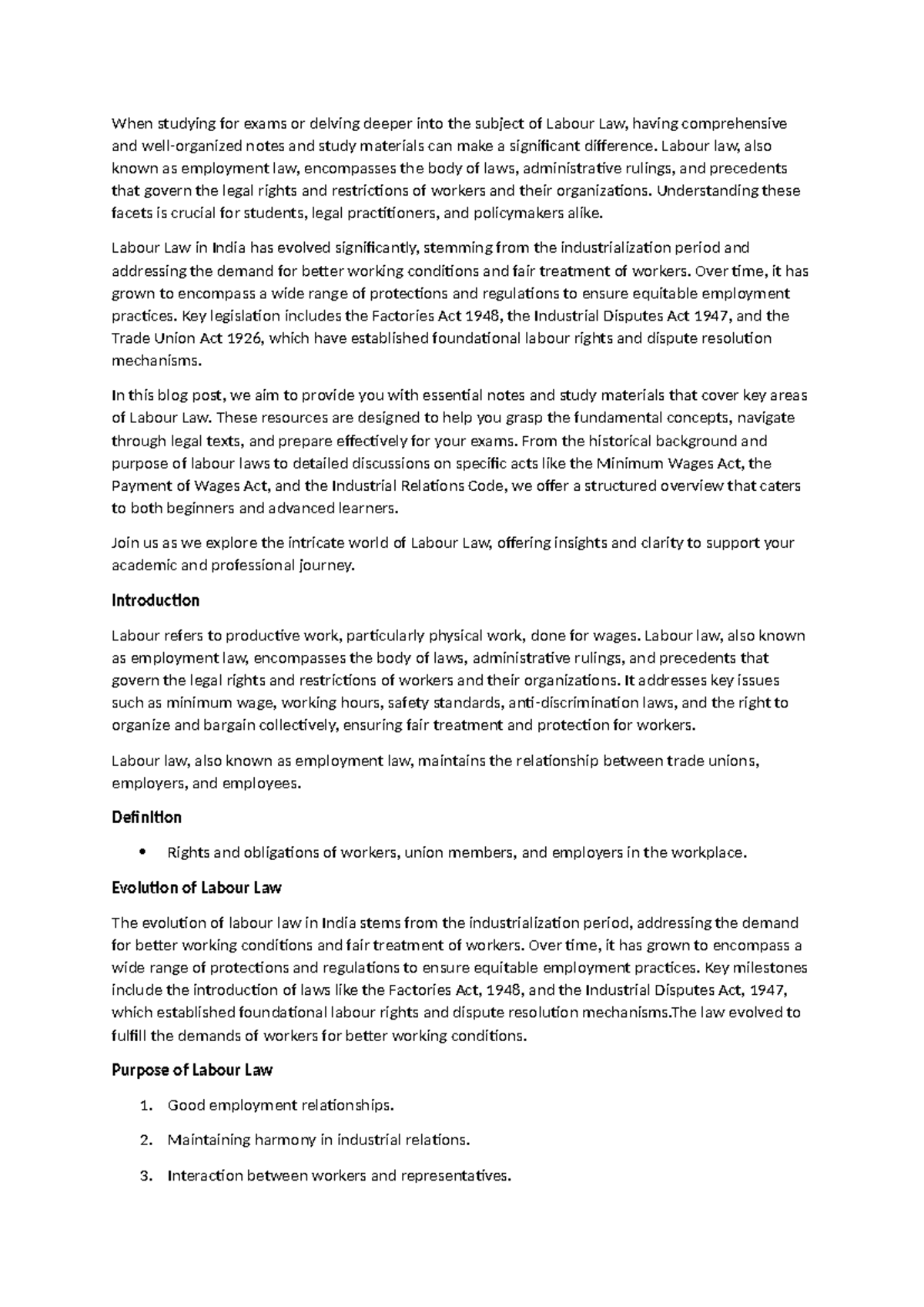 Labour Law Study Notes: Key Concepts & Legislation Overview - Studocu