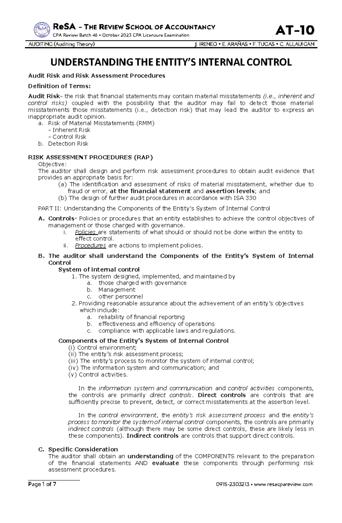 AT-10: Key Insights on Internal Control for CPA Auditing - Studocu