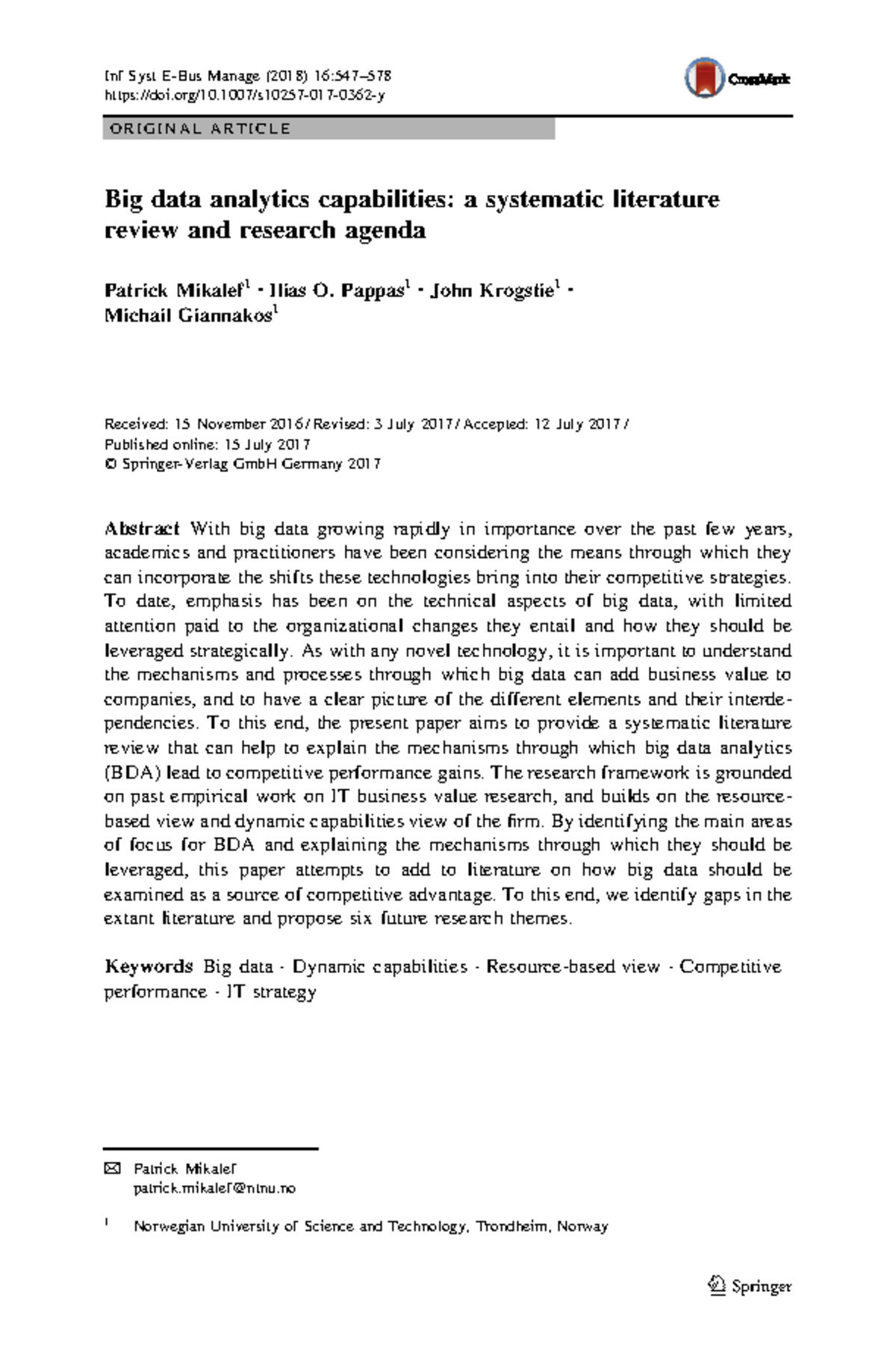 Big Data Analytics Capabilities: A Systematic Literature Review - Studocu