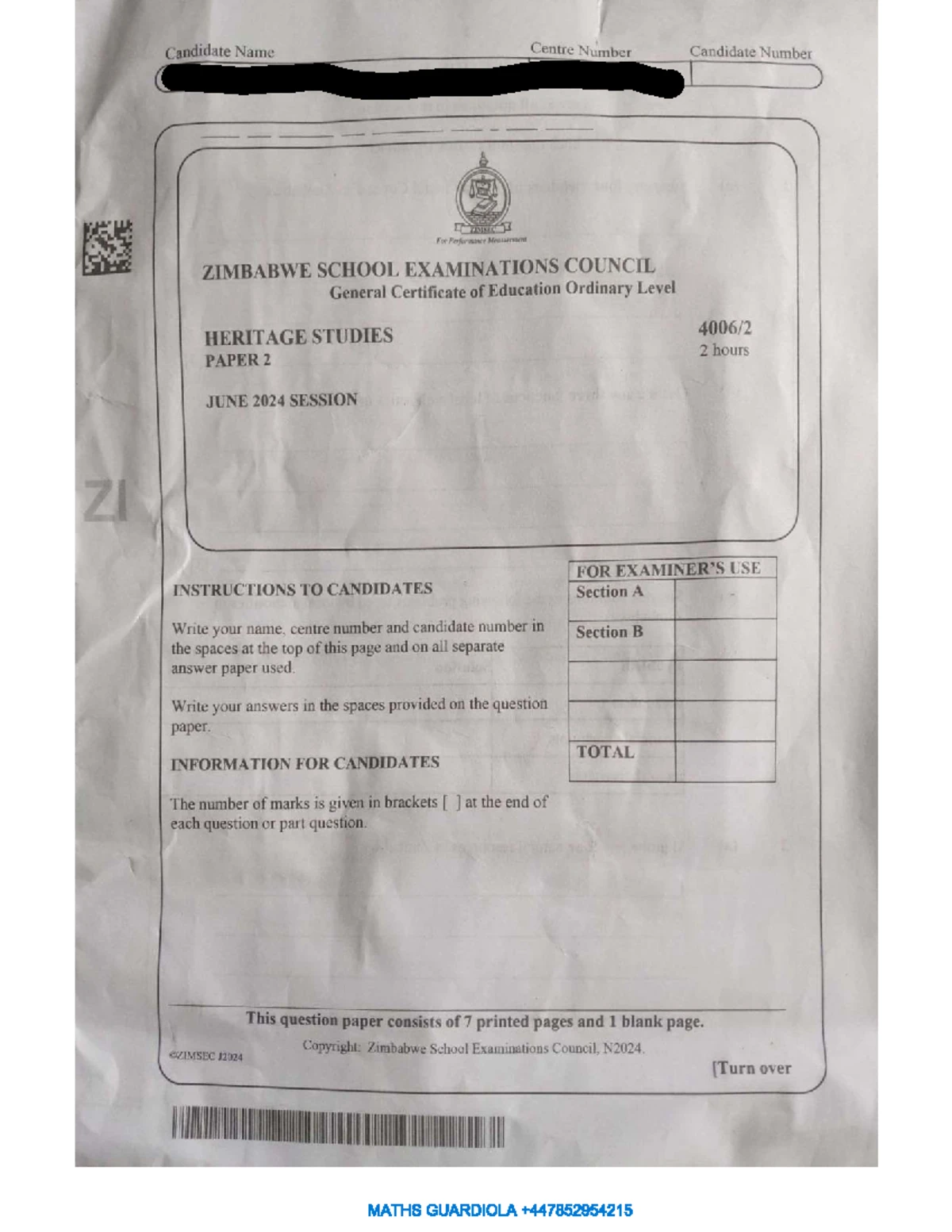 ZIMSEC Heritage Studies Paper 1 Multiple Choice June 2024 Exam Studocu