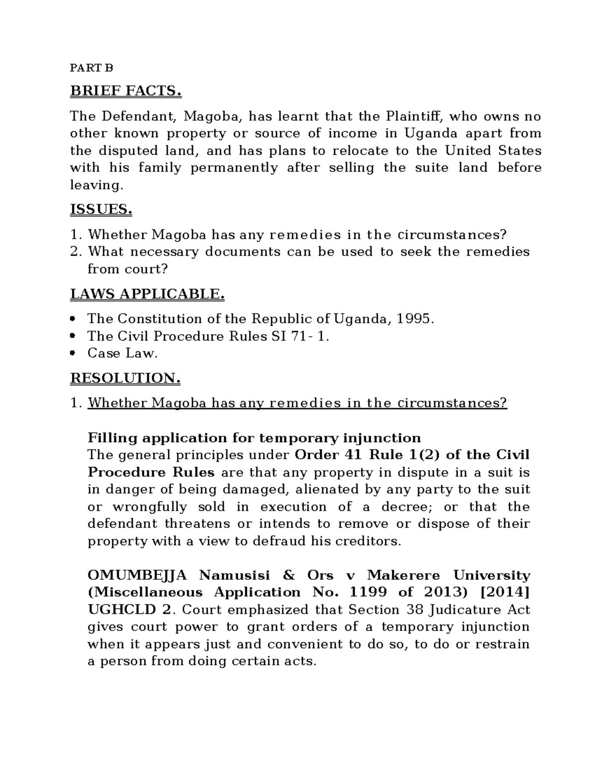 Part B legal analysis on temporary injunction and security for costs in ...