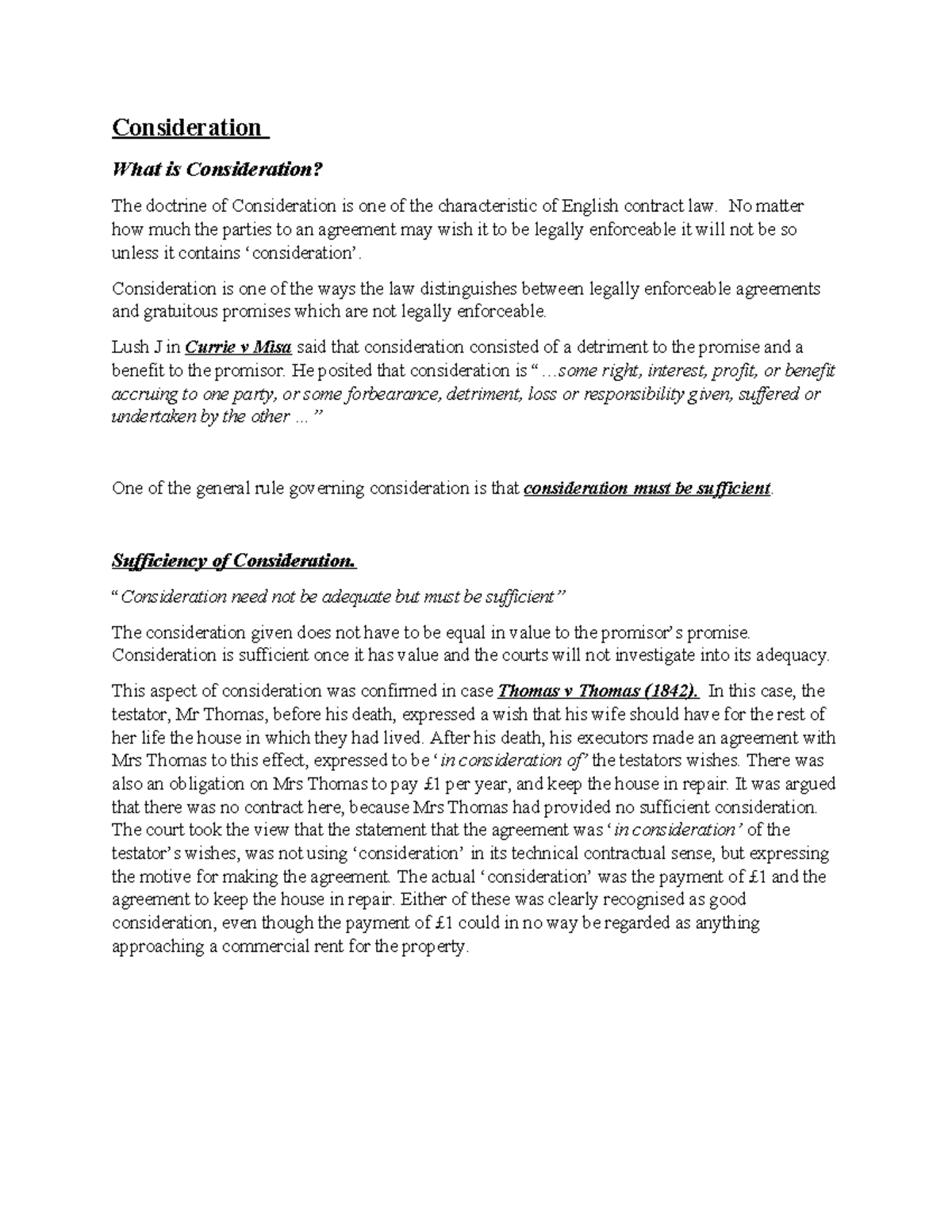 Consideration - Summary Law of contract - Consideration What is ...
