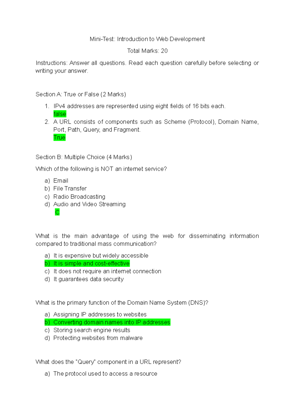 Quiz 1 - Introduction to Web Development (Total Marks: 20) - Studocu