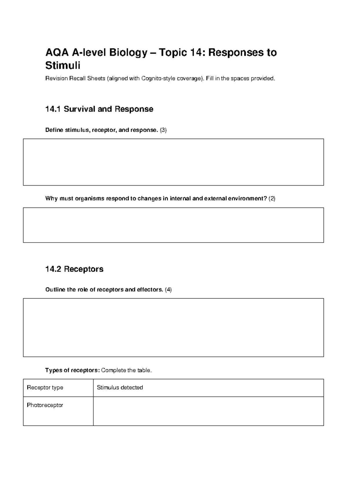 AQA A Level Biology Topic 14: Responses to Stimuli Revision Notes - Studocu