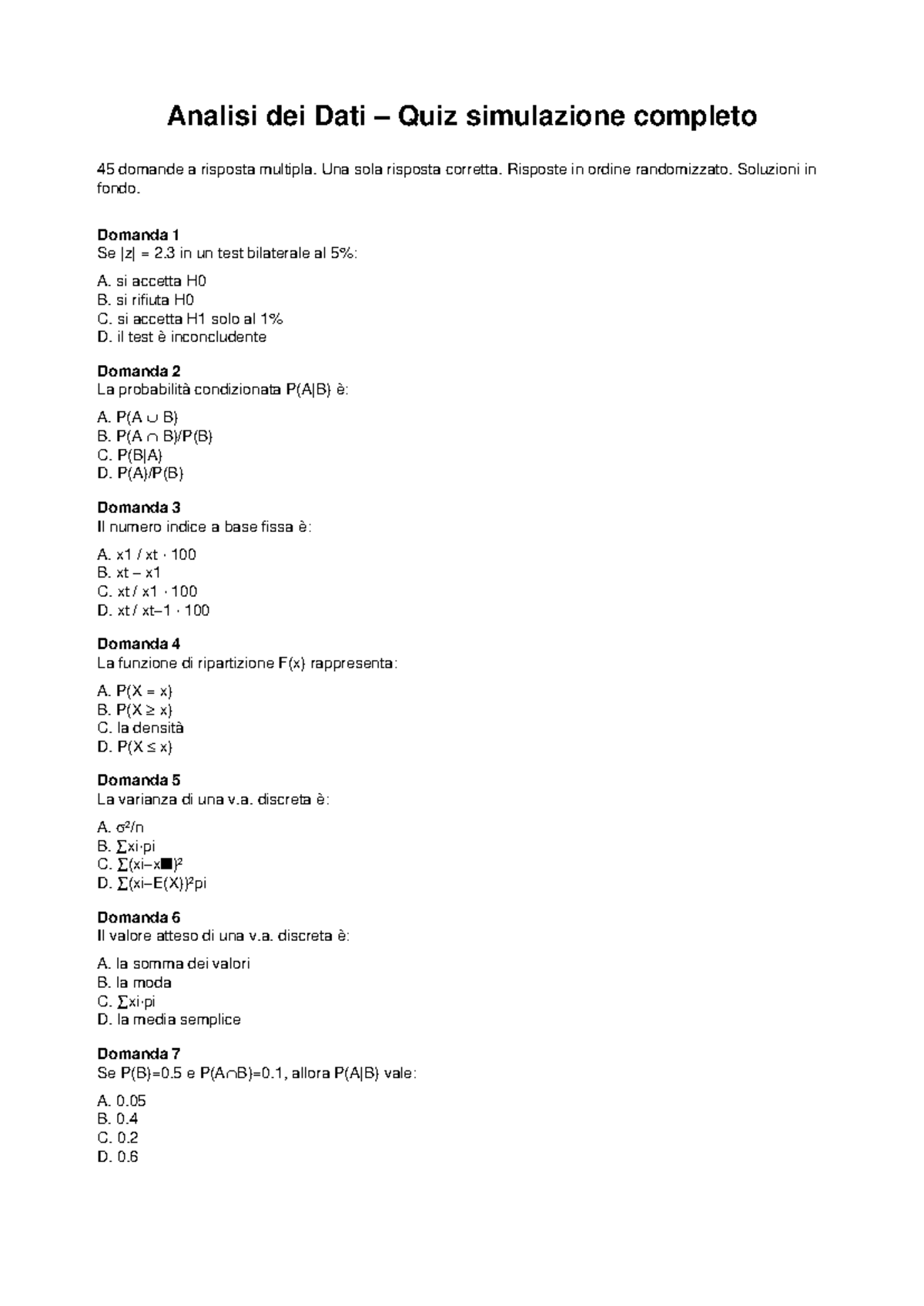 Quiz Statistica Simulazione Completo 45 Domande Unico - Studocu