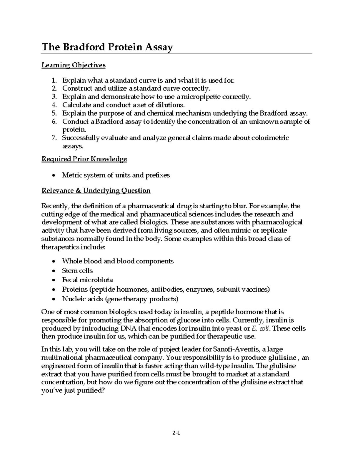 Bradford Protein Assay Lab Procedure & Analysis for BIOL1101/1102 - Studocu