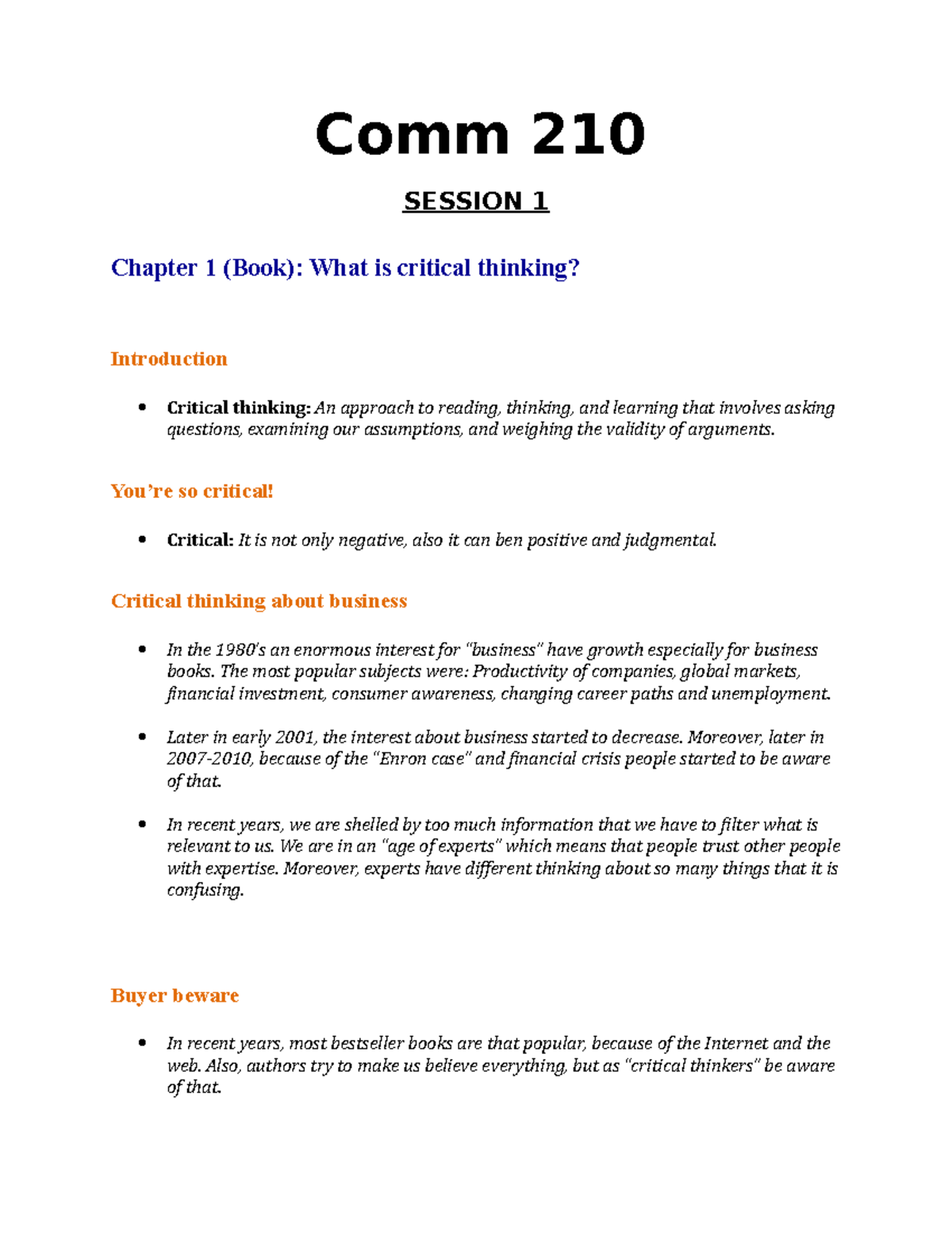 Midterm Study Notes for COMM 210: Critical Thinking & Business Concepts ...