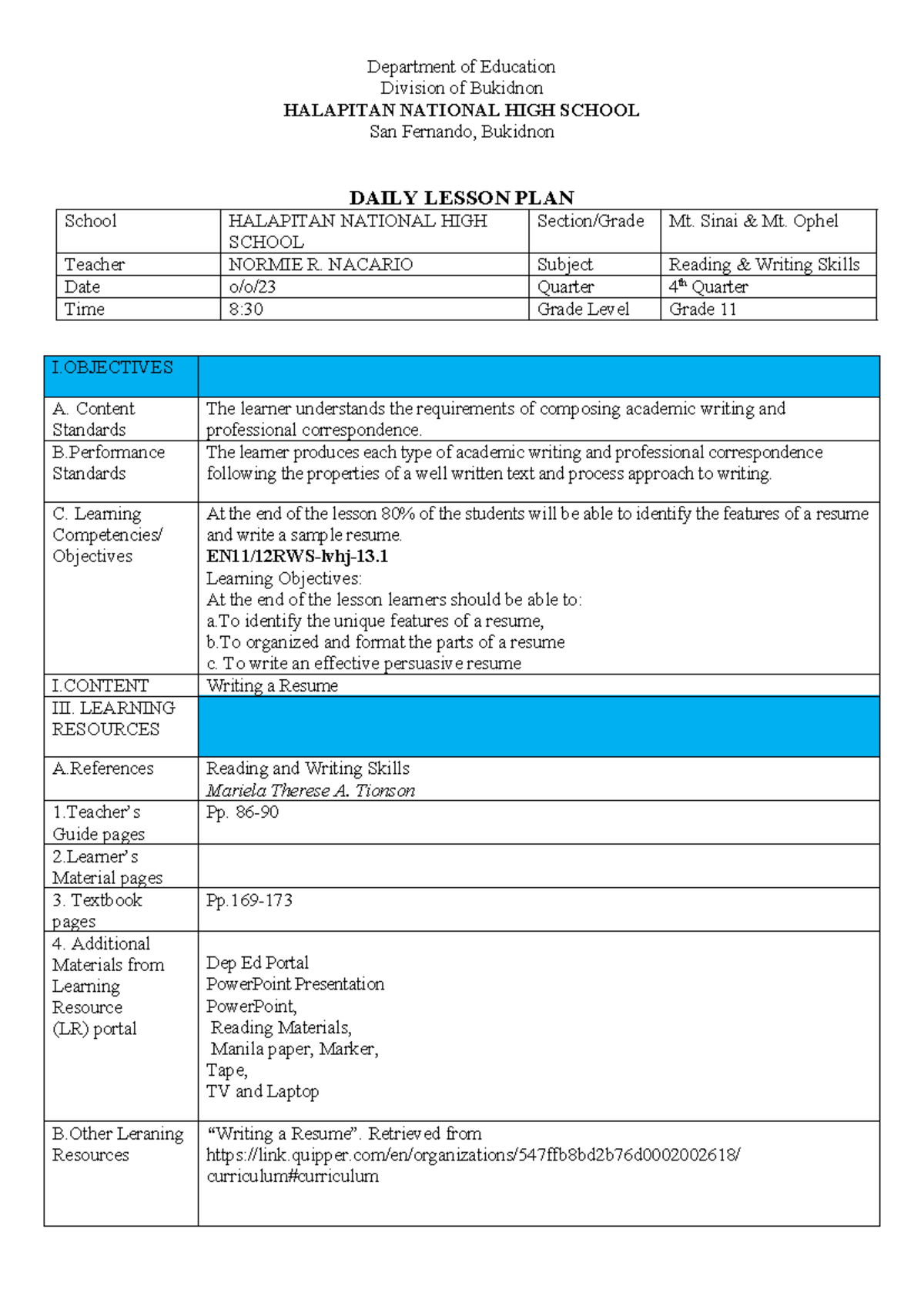 Grade 11 Reading & Writing Skills: Daily Lesson Plan on Resume Writing ...