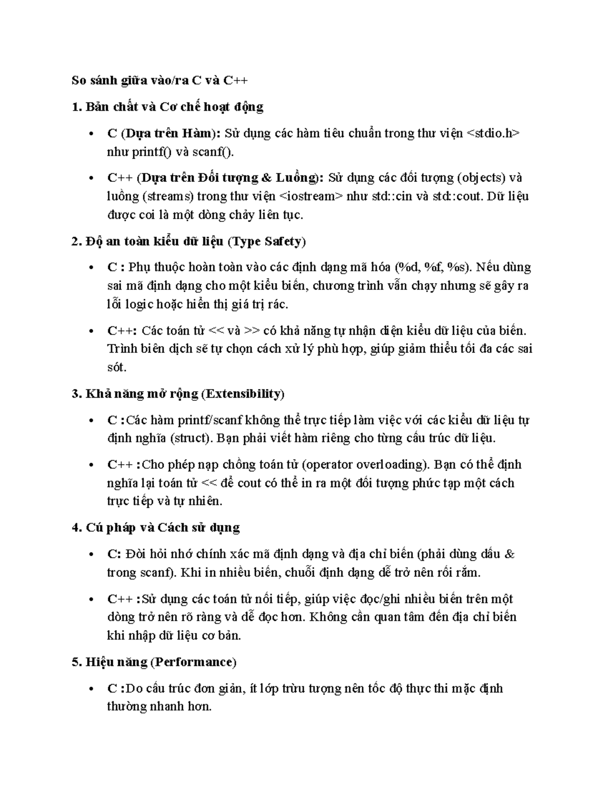 So sánh vào ra giữa C và C++: Bản chất, An toàn kiểu, Hiệu năng - Studocu