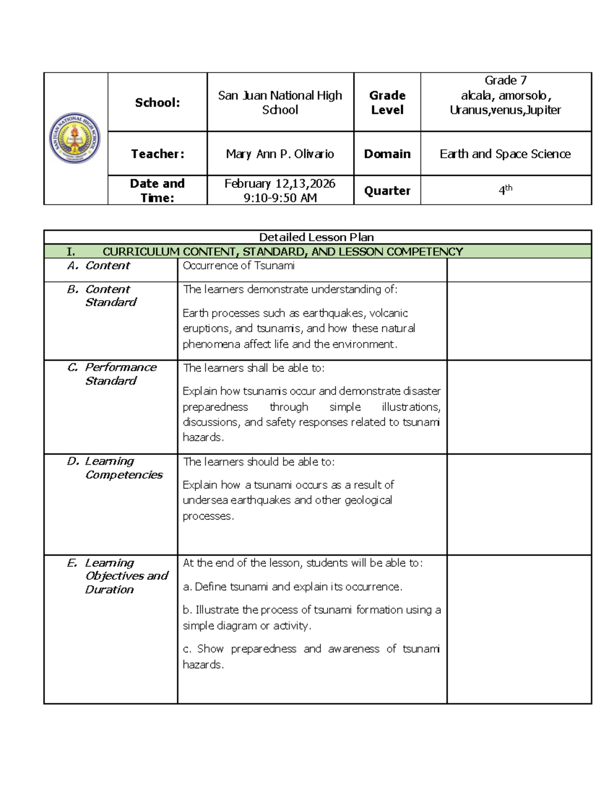 Grade 7 Earth Science: Detailed Lesson Plan on Tsunami Occurrence - Studocu