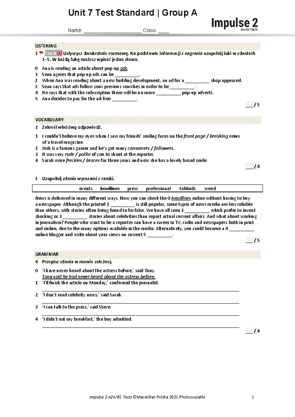 Focus 3 2E Unit 6 Test - Group A Listening & Vocabulary - Studocu