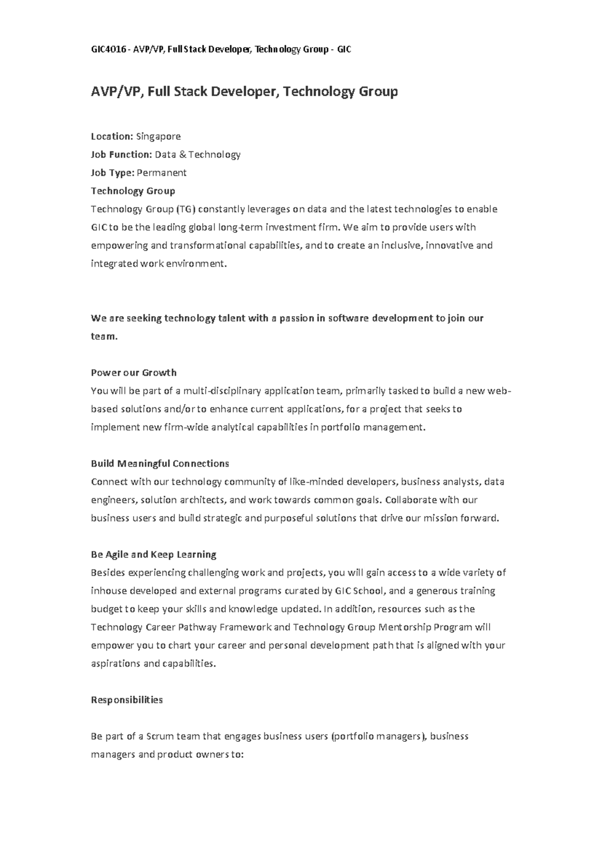 GIC4016 - AVP/VP Full Stack Developer Role Overview at GIC - Studocu