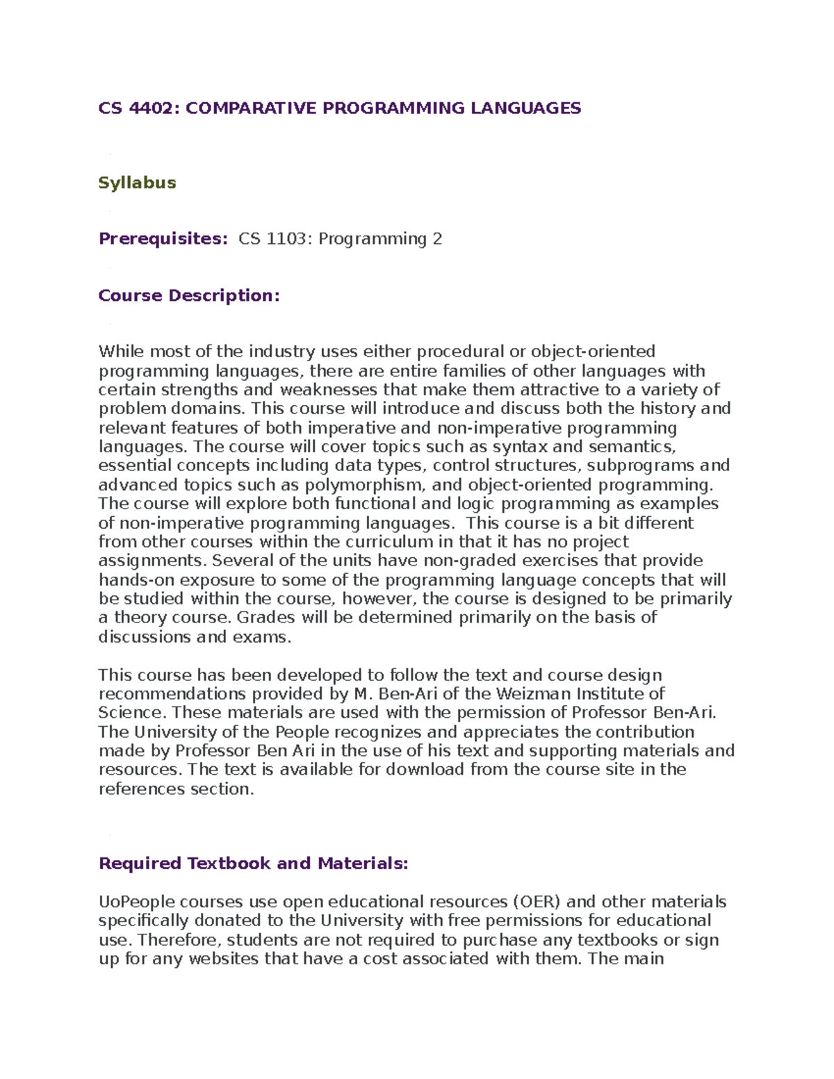 CS 4402 Comparative Programming Language Official syllabus with Book ...