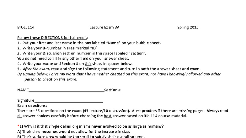 BIOL 114 Lecture Exam 3 Practice Spring 2025 - Studocu