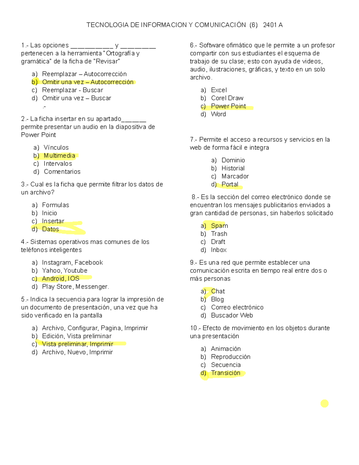 Examen Trimestral de Tecnología de Información y Comunicación (2401 A