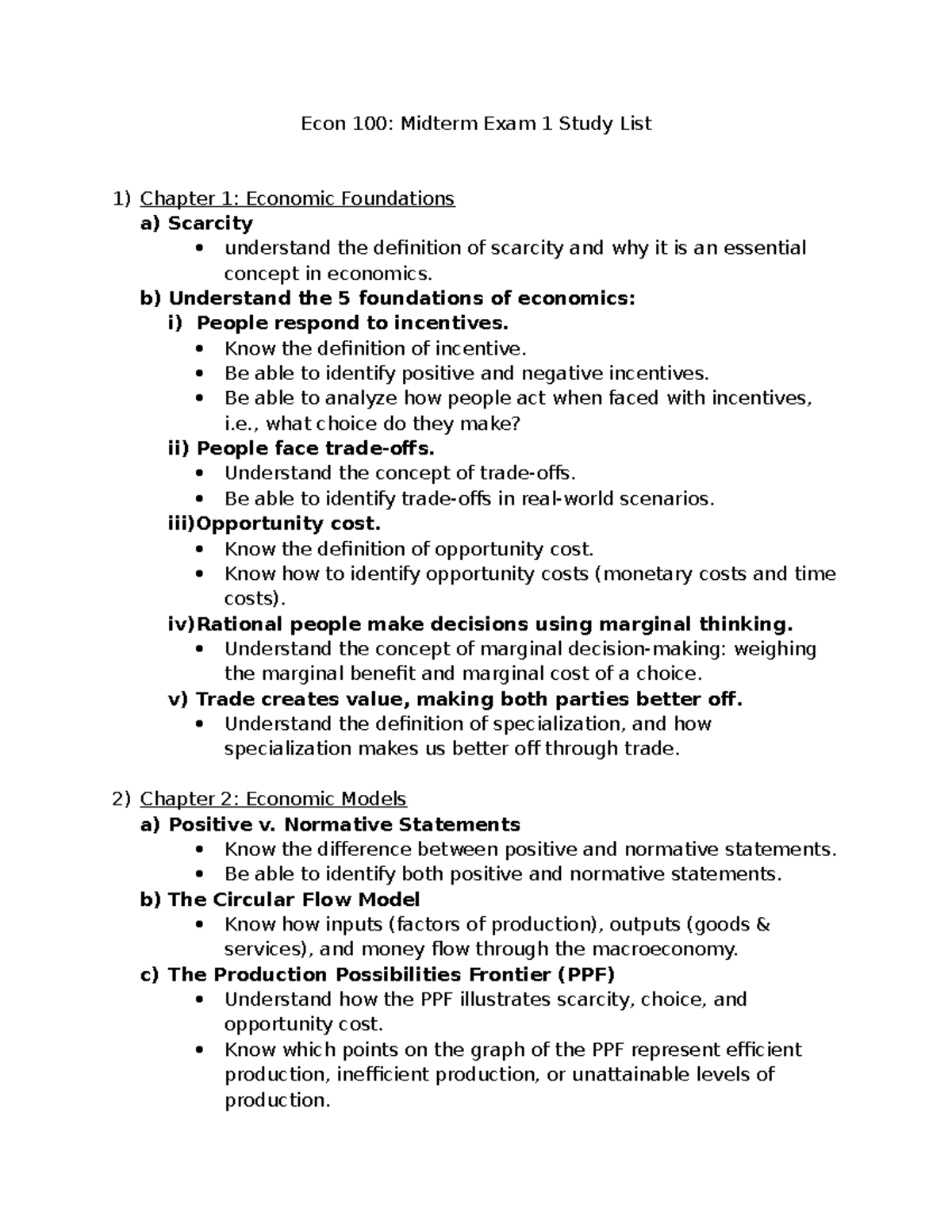 Econ 100: Midterm Exam 1 Comprehensive Study Guide - Studocu