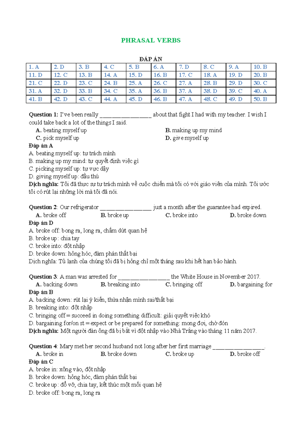 PHRASAL VERBS - KEY - Answers for Exercises and Questions - Studocu
