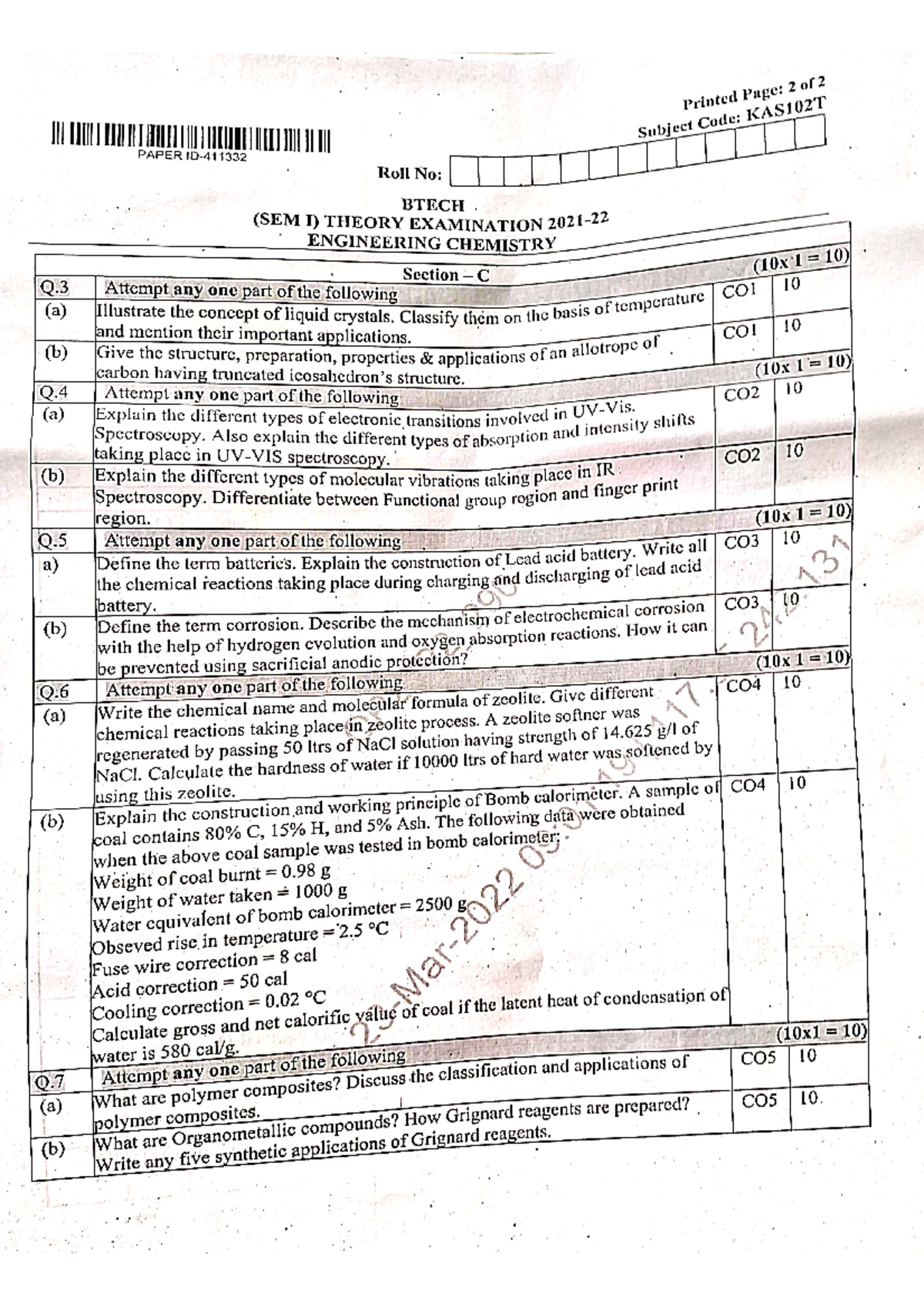 Old year paper of chemistry - of Printed Subject PAPER Roll No: BTECH ...