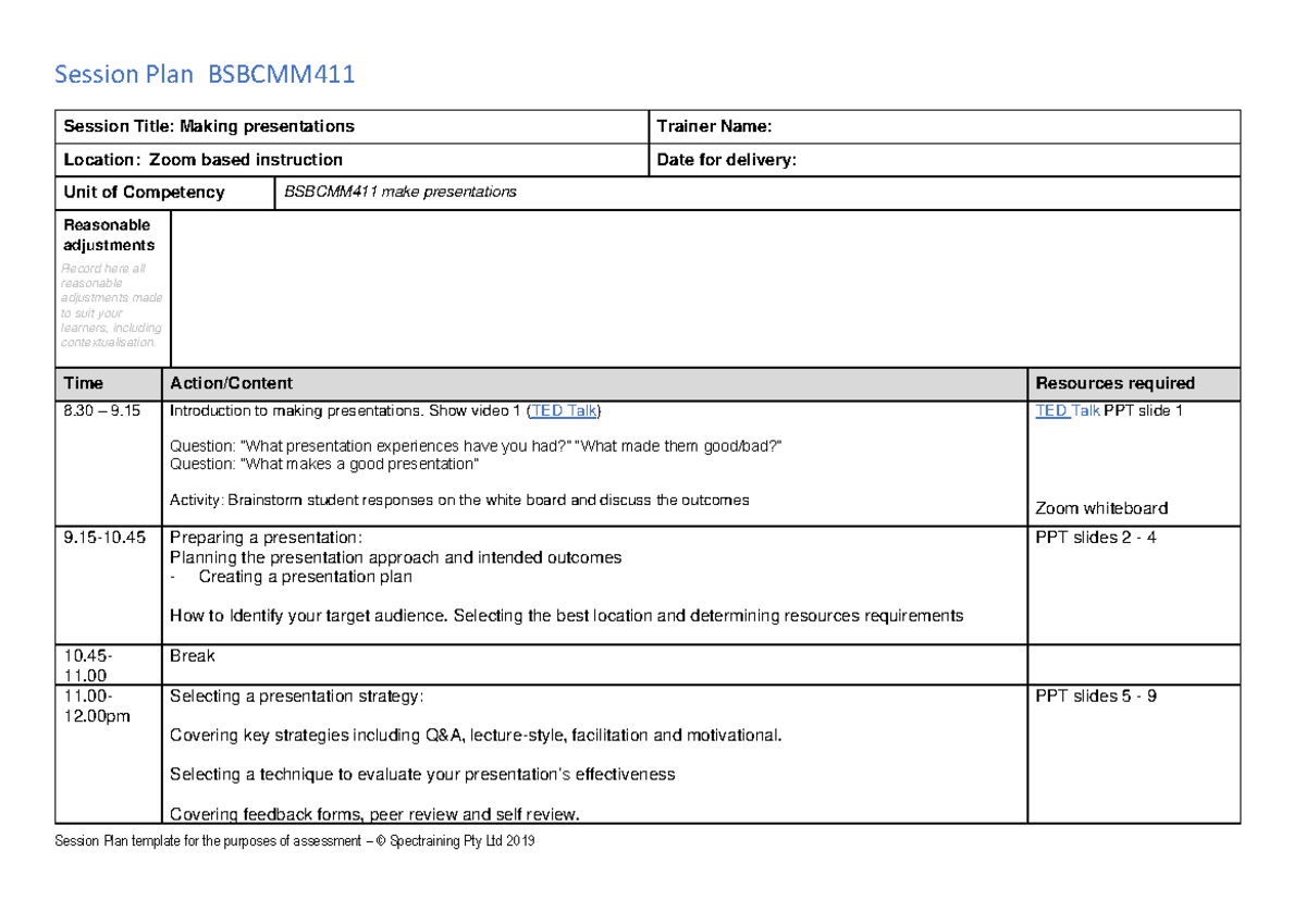 BSBCMM411 Case Study: Effective Presentation Session Plan - Studocu