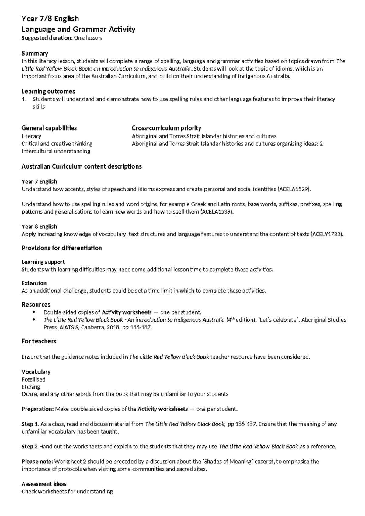 Year 7 & 8 English Language & Grammar Activity: Indigenous Focus - Studocu