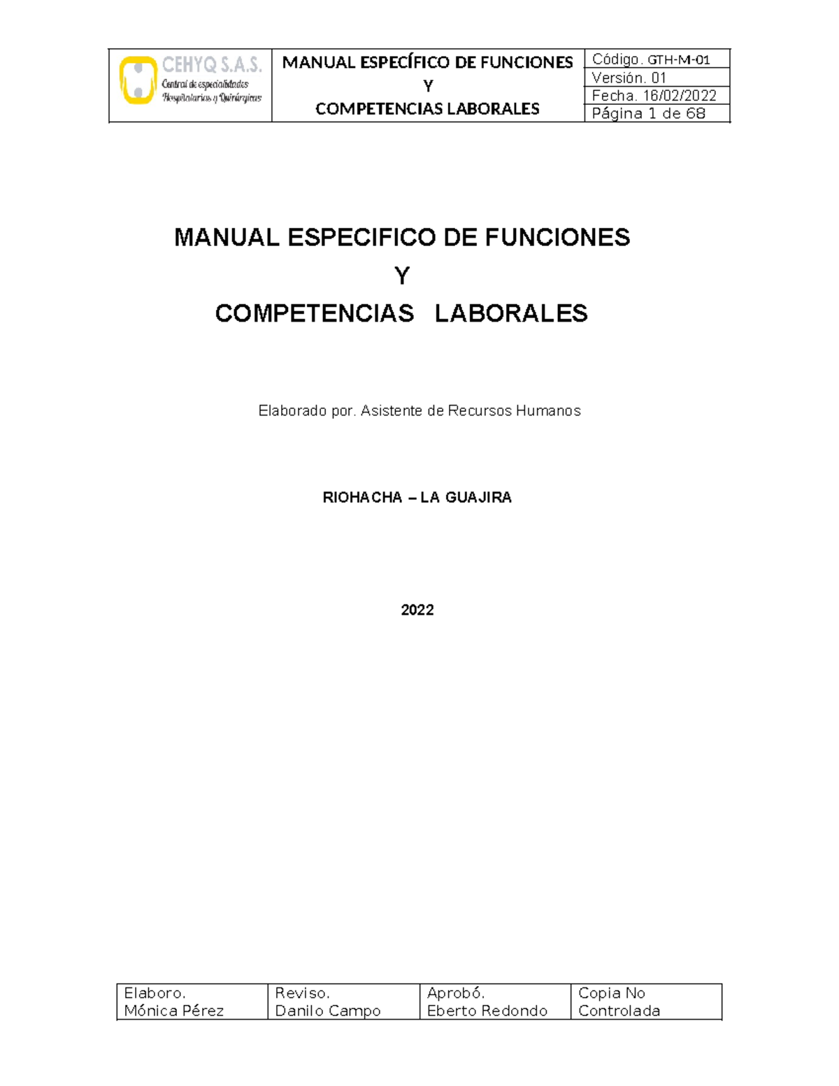 20- Manual Especifico DE Funciones Y competencias laborales cehyq s.a.s ...