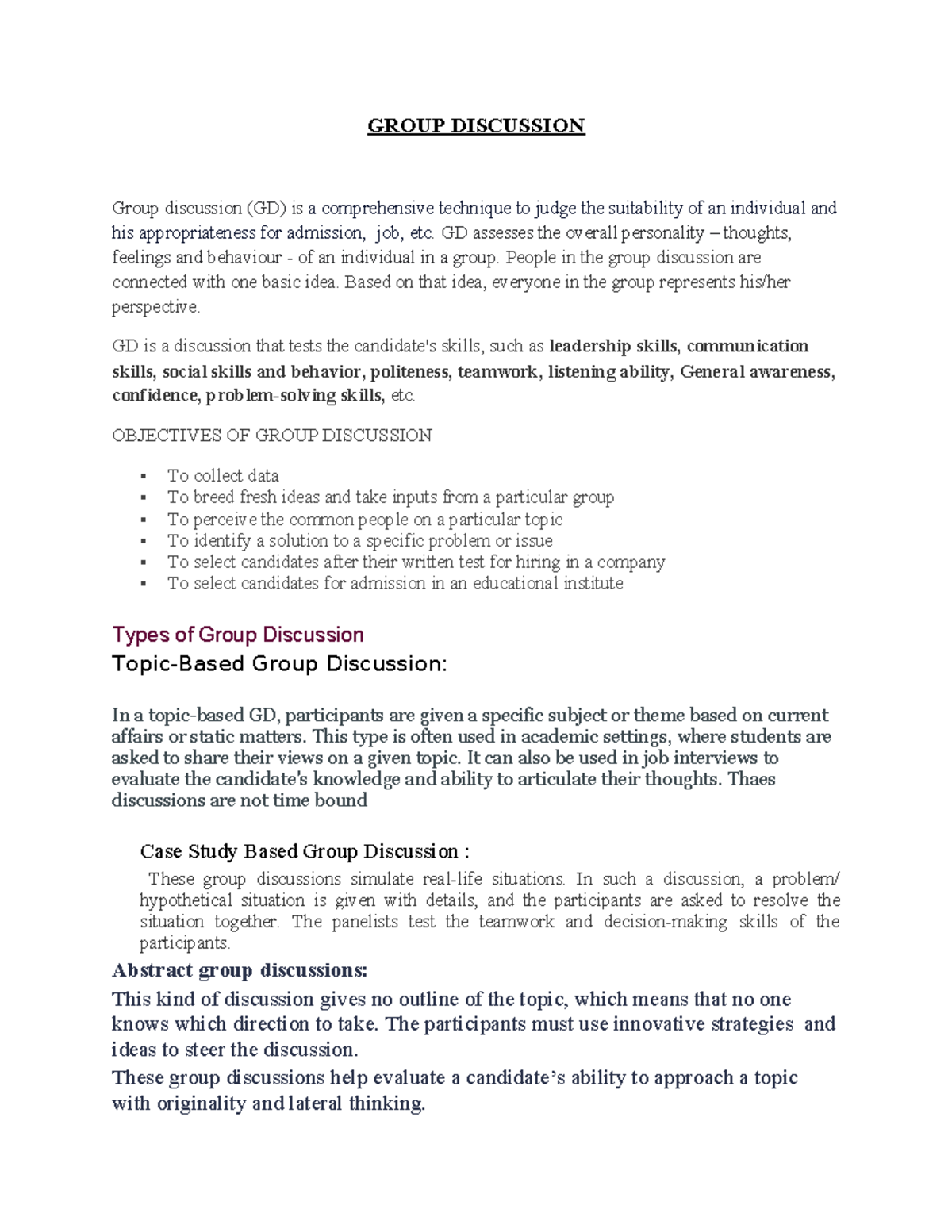 Group Discussion Techniques and Insights - Comprehensive Notes - Studocu