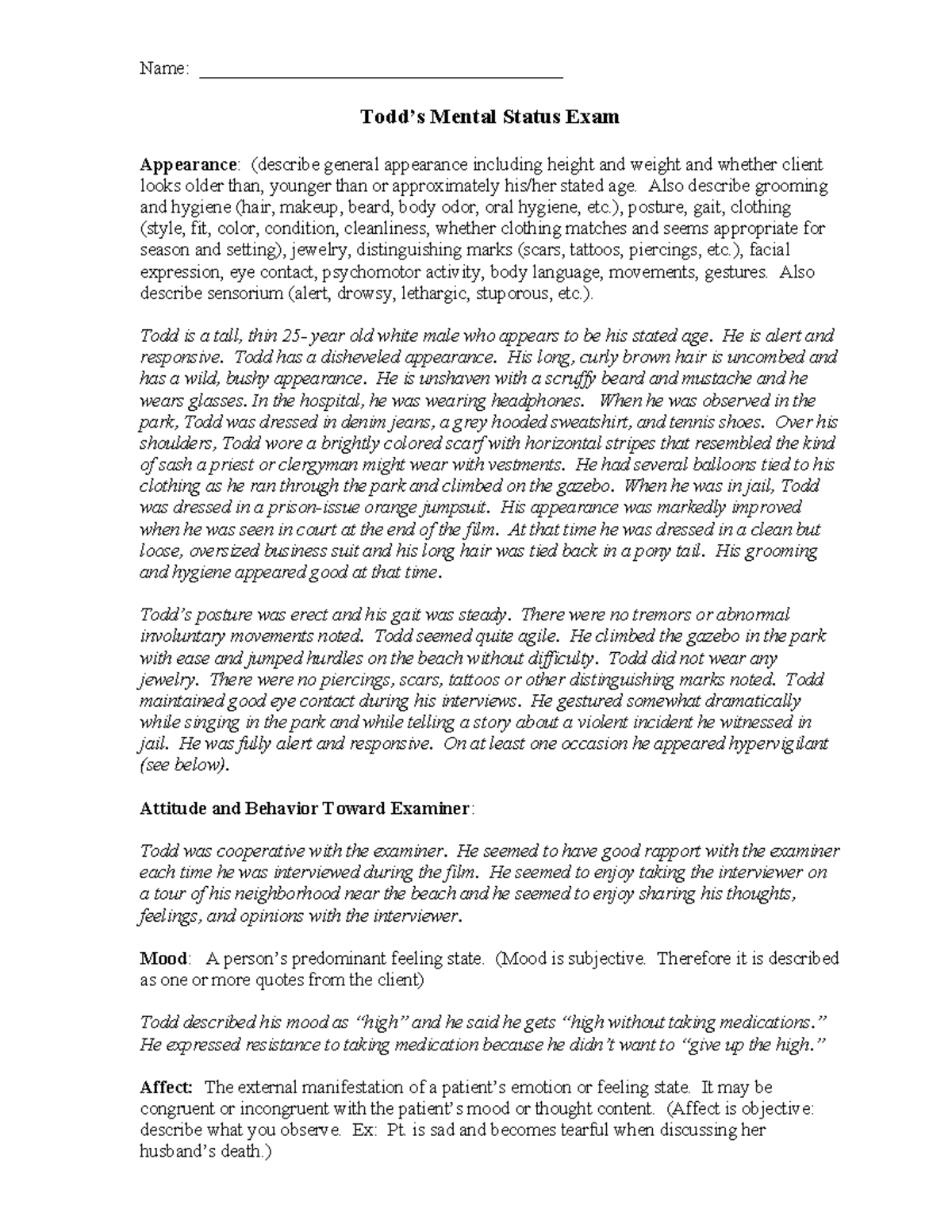 Todd's Mental Status Exam: Evaluation of Behaviors and Observations ...