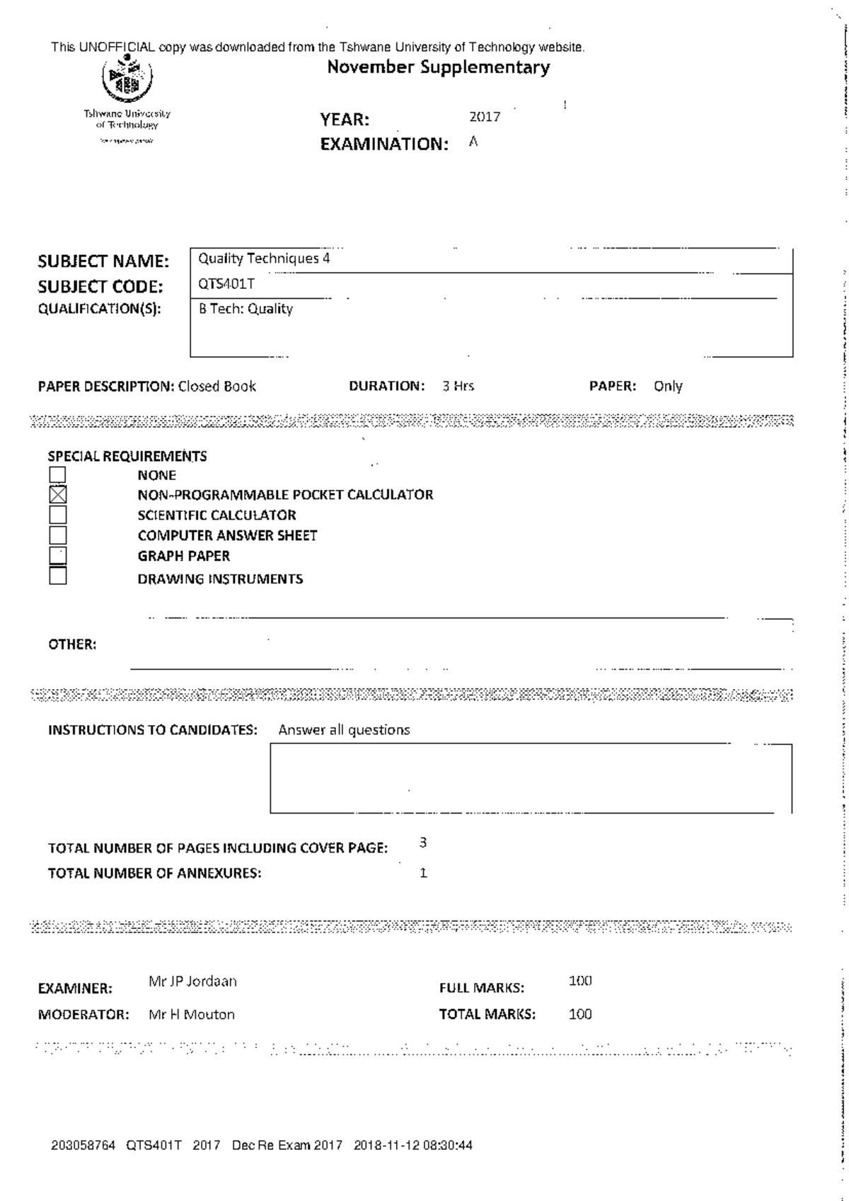 QTS401T - Exam passed papers - QAS201T - 203058764 QTS401T 2017 Dec Re ...