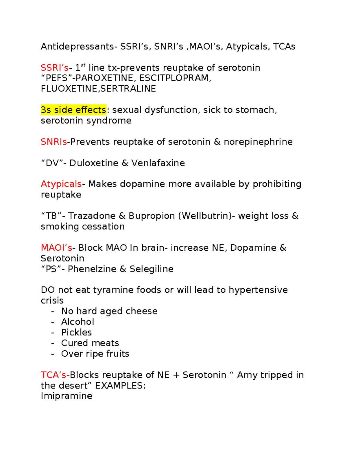 Quiz 2 study mental health - Antidepressants- SSRI’s, SNRI’s ,MAOI’s ...