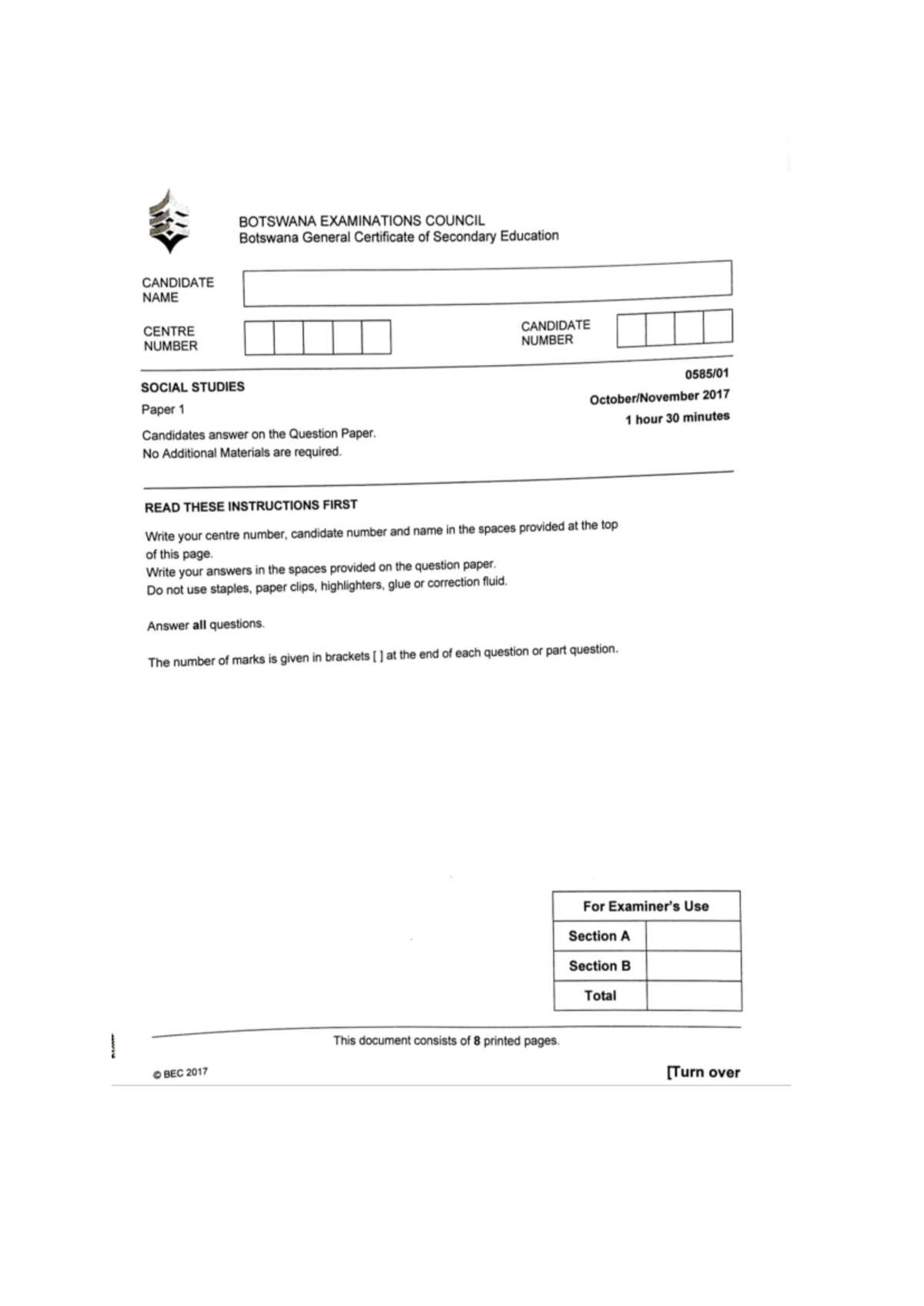 Bgcse Social Studies Paper 1 2017 - Exam Questions & Instructions - Studocu