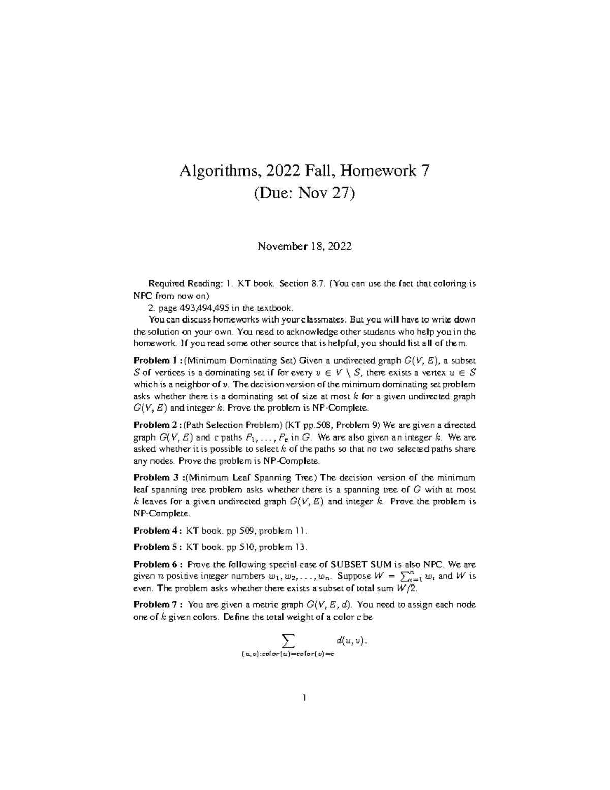 Homework 7 - Algorithms, 2022 Fall, Homework 7 (Due: Nov 27) November ...