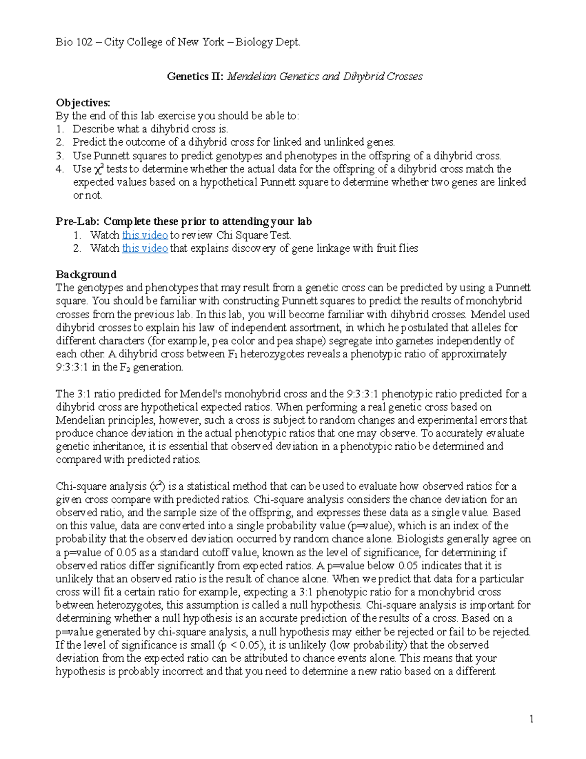 Lab 2: Mendelian Genetics and Dihybrid Crosses - Genetics II (Fall 2020 ...