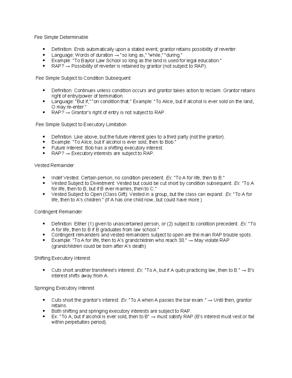 Property Cheat Sheet: Fee Simple & Remainders Overview - Studocu