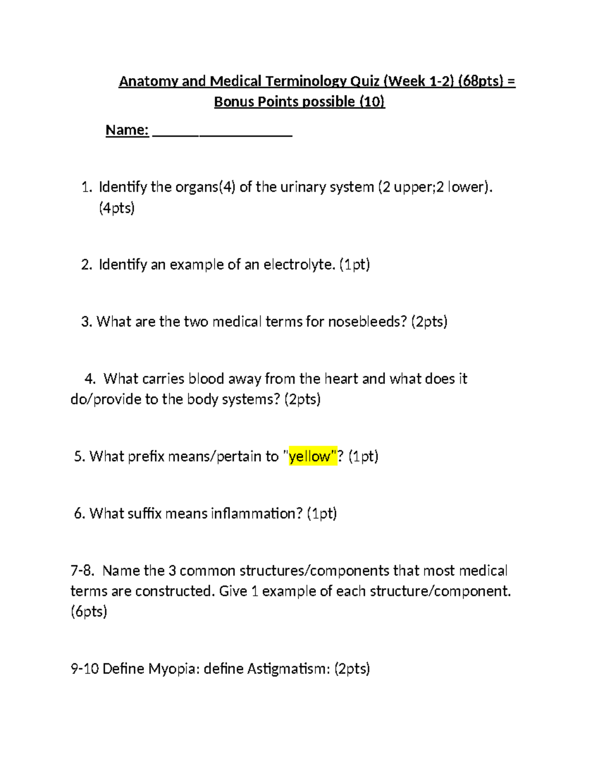 Anatomy & Med Terminology Quiz: Week 1-2 (2-OMBC-1) - Studocu