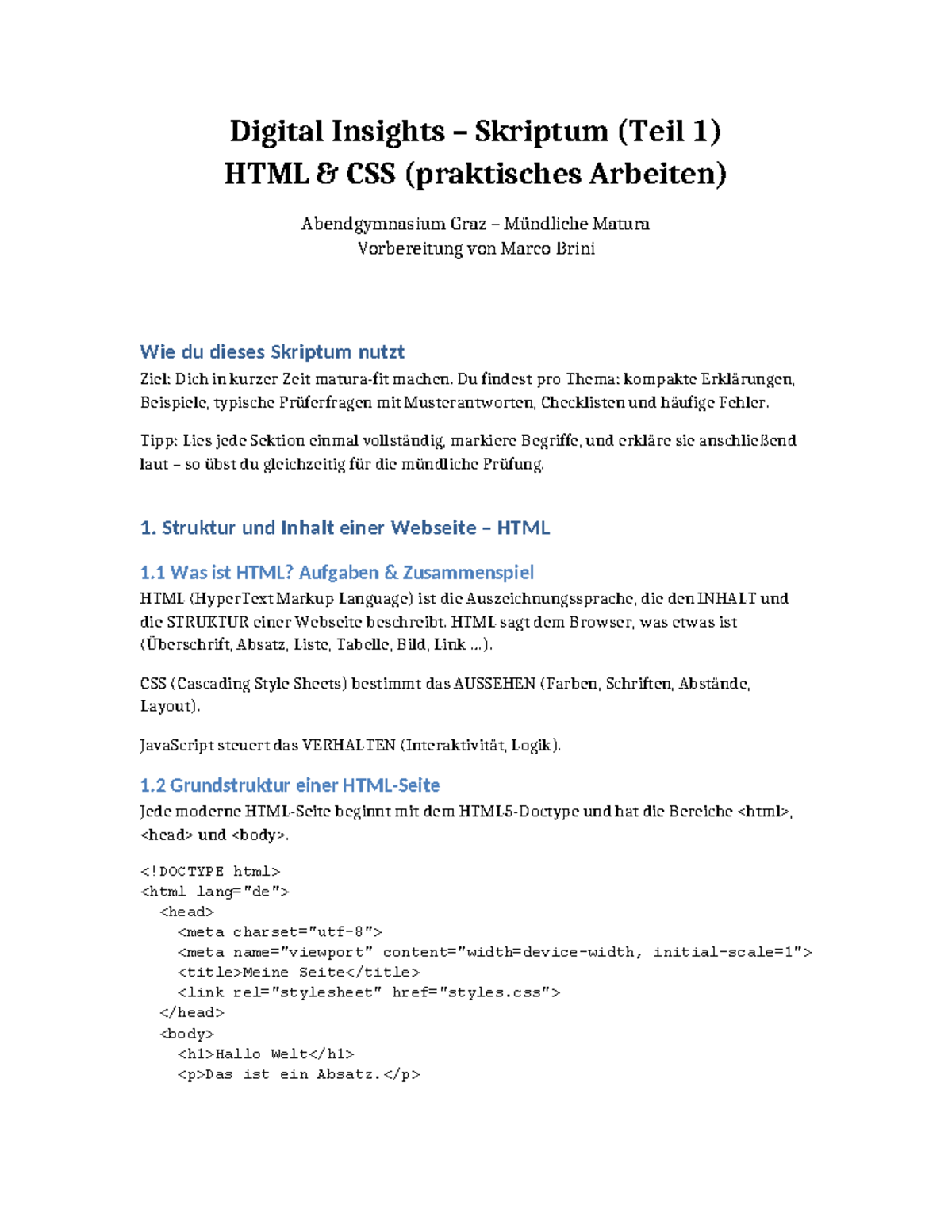 Digital Insights Skriptum Teil 1: HTML & CSS für Matura Vorbereitung ...