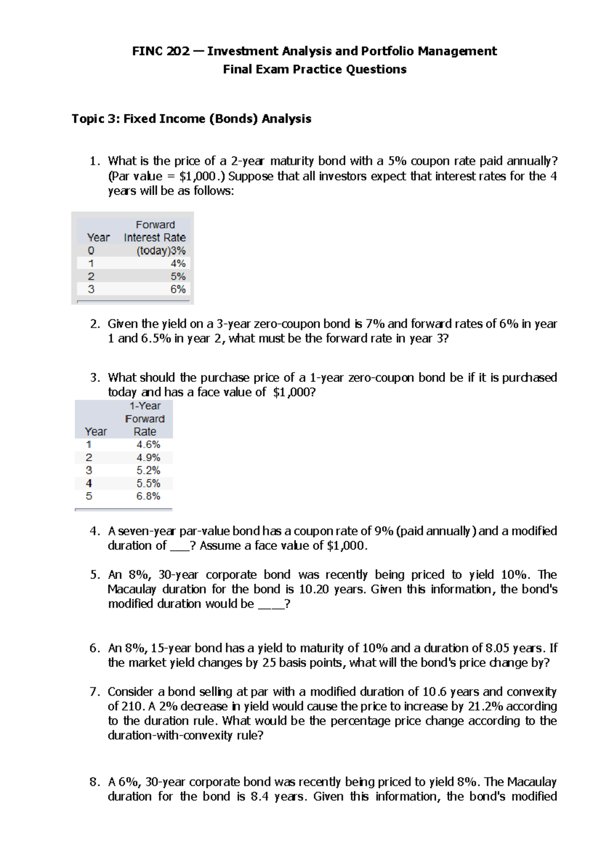 FINC 202 Investment Analysis & Portfolio Management Final Exam Revision ...