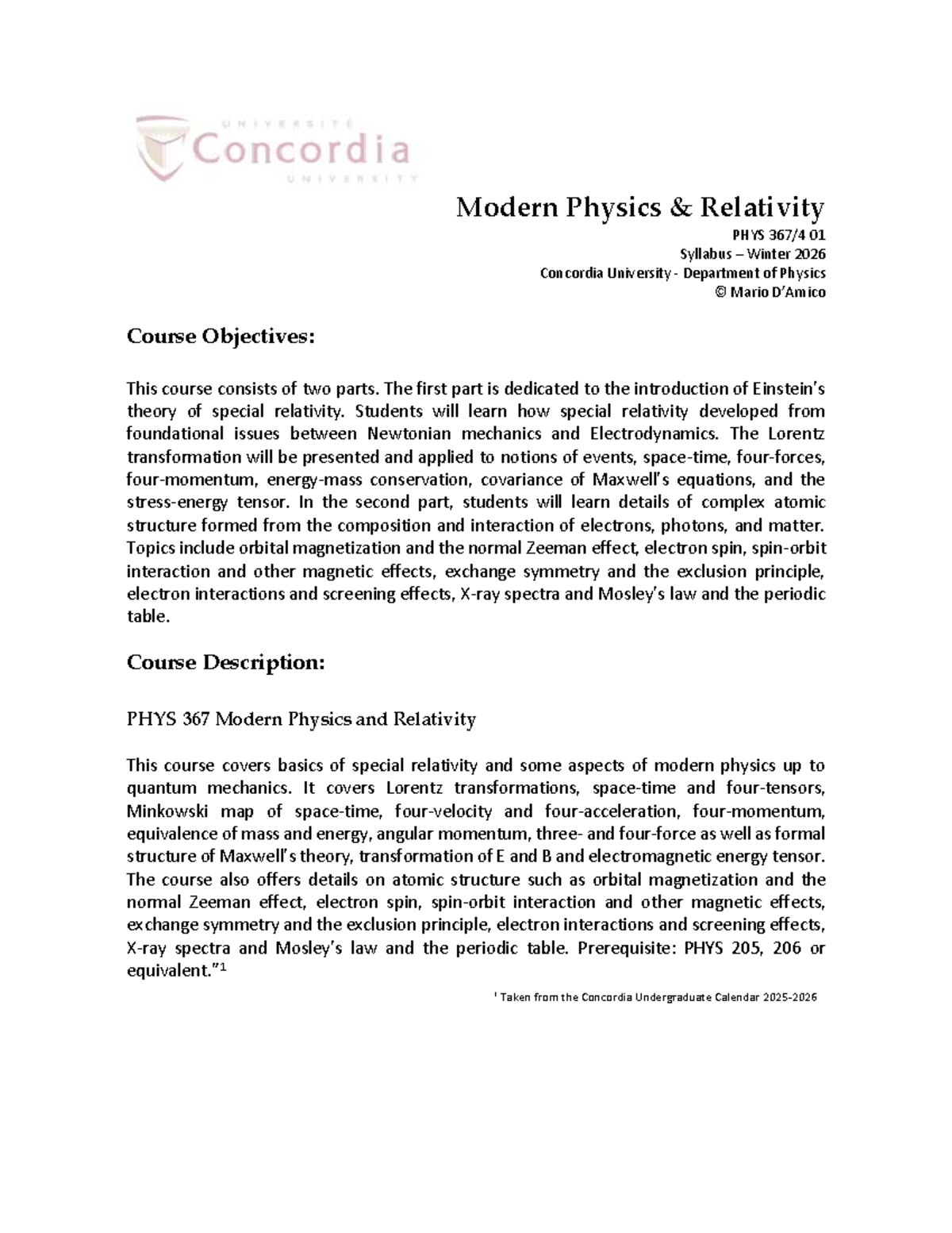 PHYS 367 Modern Physics & Relativity Syllabus Winter 2026 - Studocu