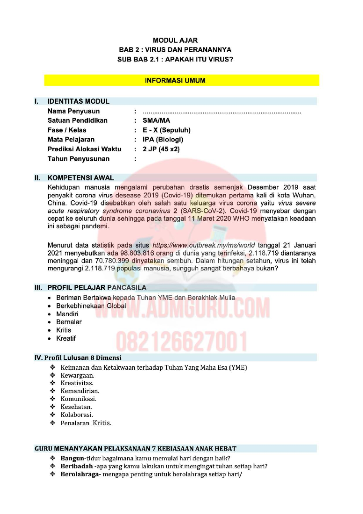 Modul Ajar Biologi Kelas 10: Virus dan Peranannya (Bab 2) - Document Preview