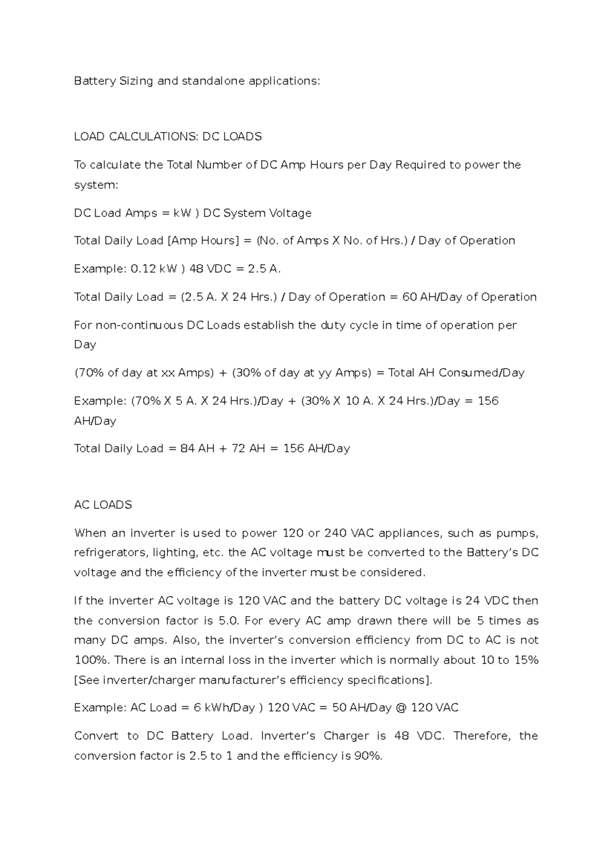Battery Sizing and Load Calculations for DC and AC Systems - Studocu