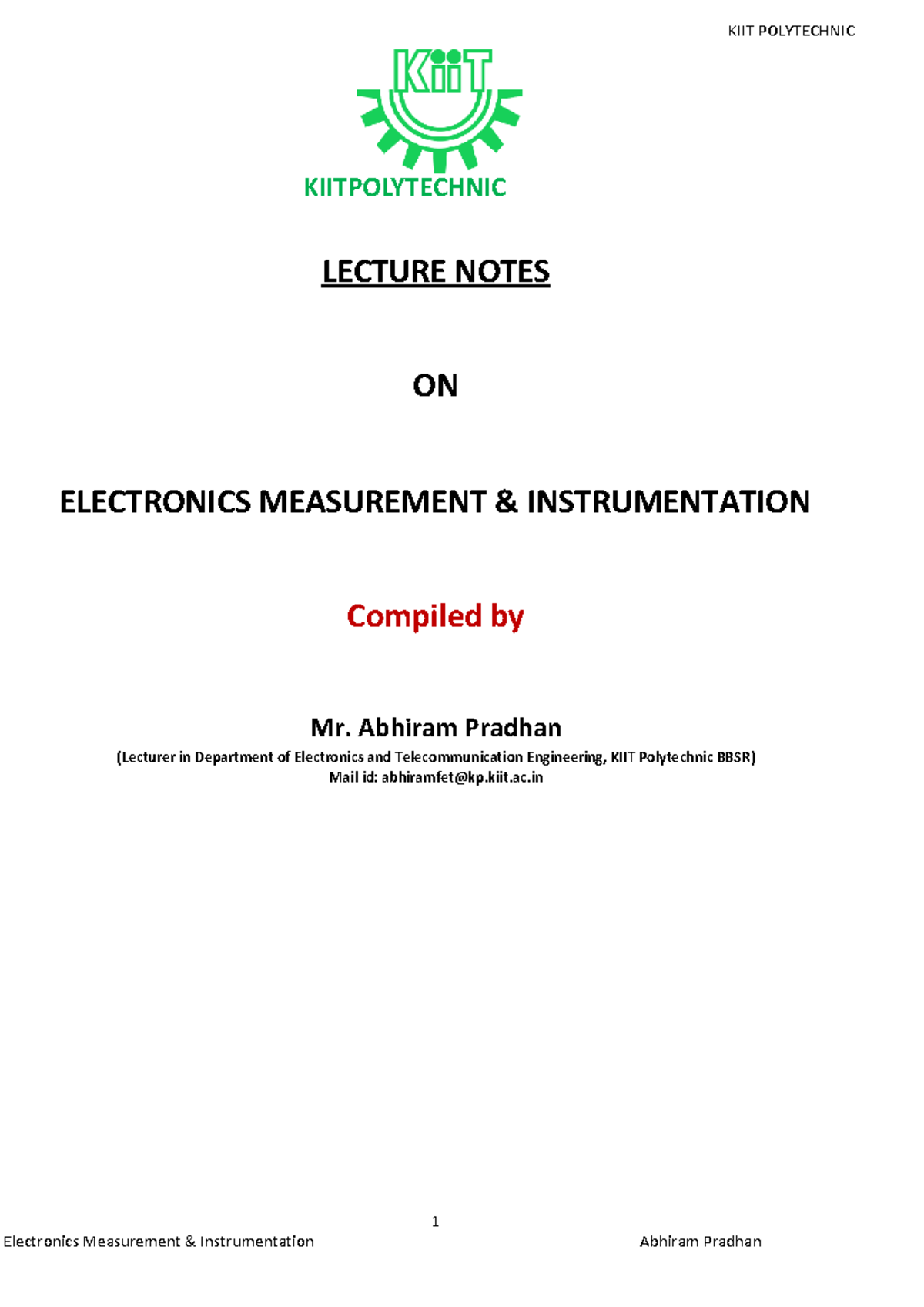 KIIT POLYTECHNIC LECTURE NOTES ON ELECTRONICS MEASUREMENT ...