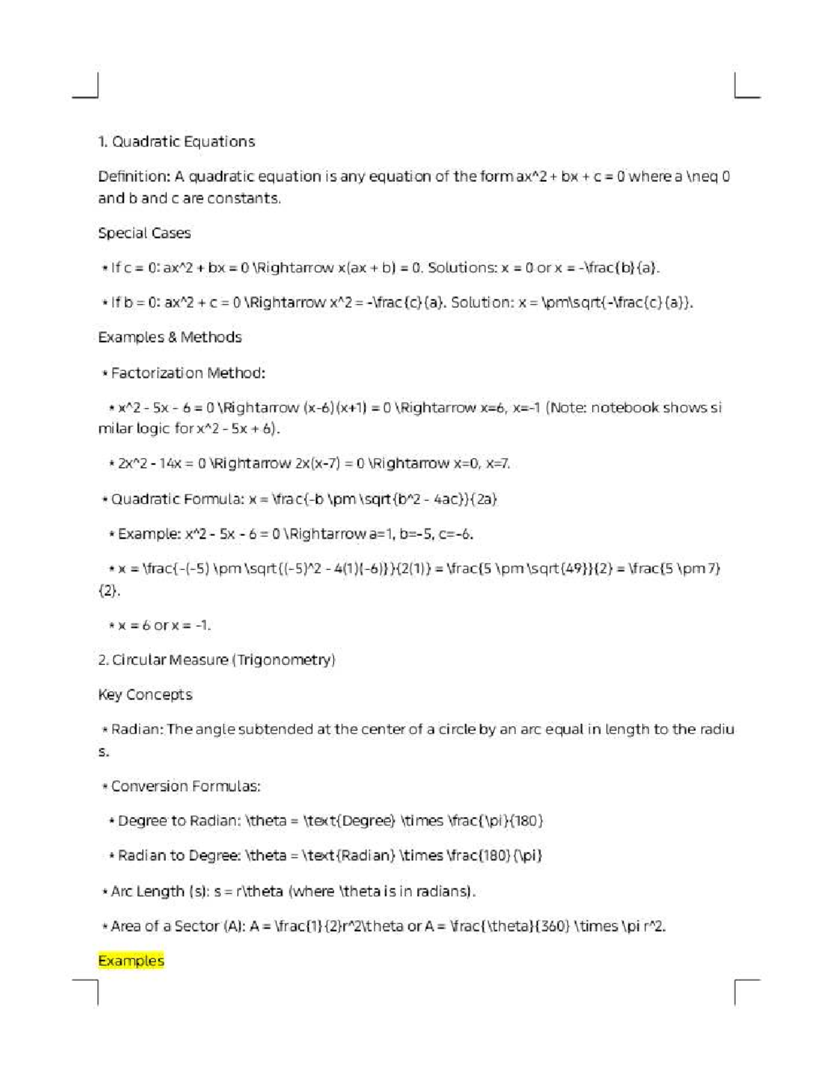 1. Quadratic Equations & Trigonometry Concepts - Math 101 Notes - Studocu