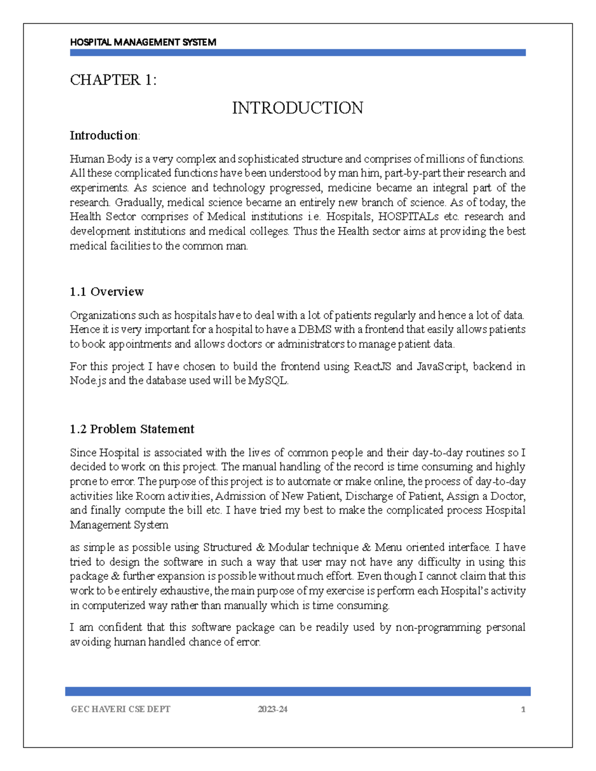 HOSPITAL MANAGEMENT SYSTEM (HMS) - CHAPTER 1: INTRODUCTION & OVERVIEW ...