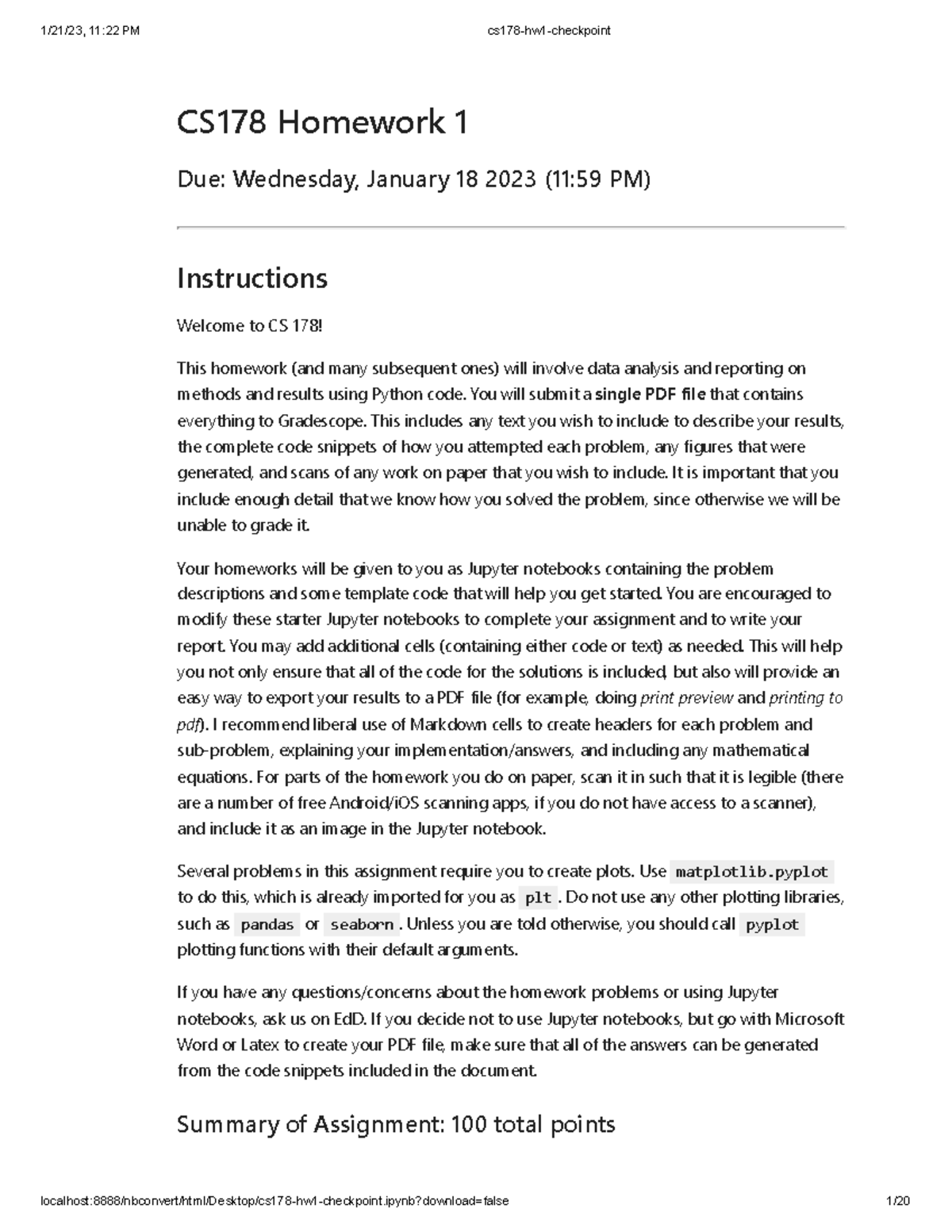CS178 HW1 - Answers for Homework Assignment 1 (Data Analysis) - Studocu