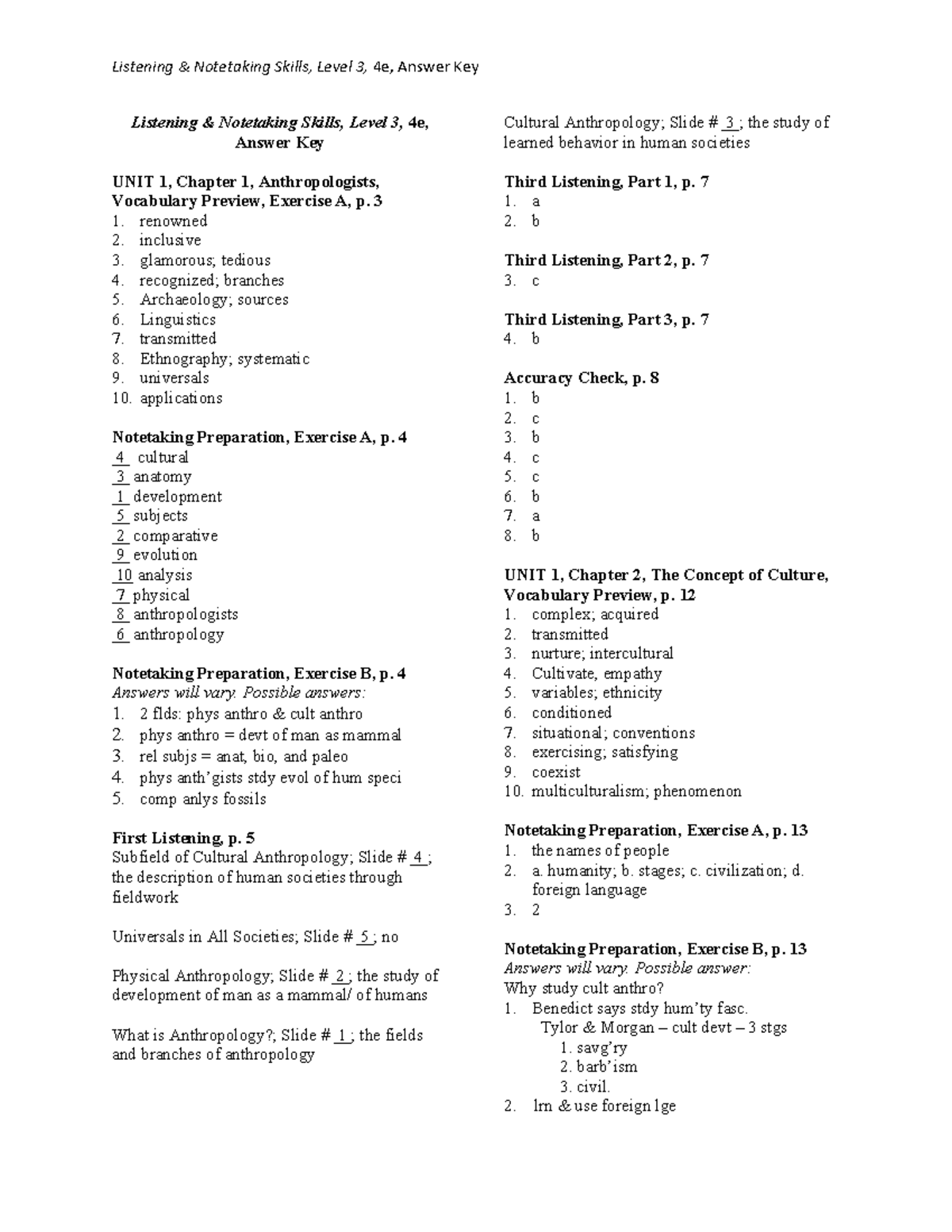 Listening Notetaking Skills, Level 3, 4e, Answer Key - Comprehensive ...