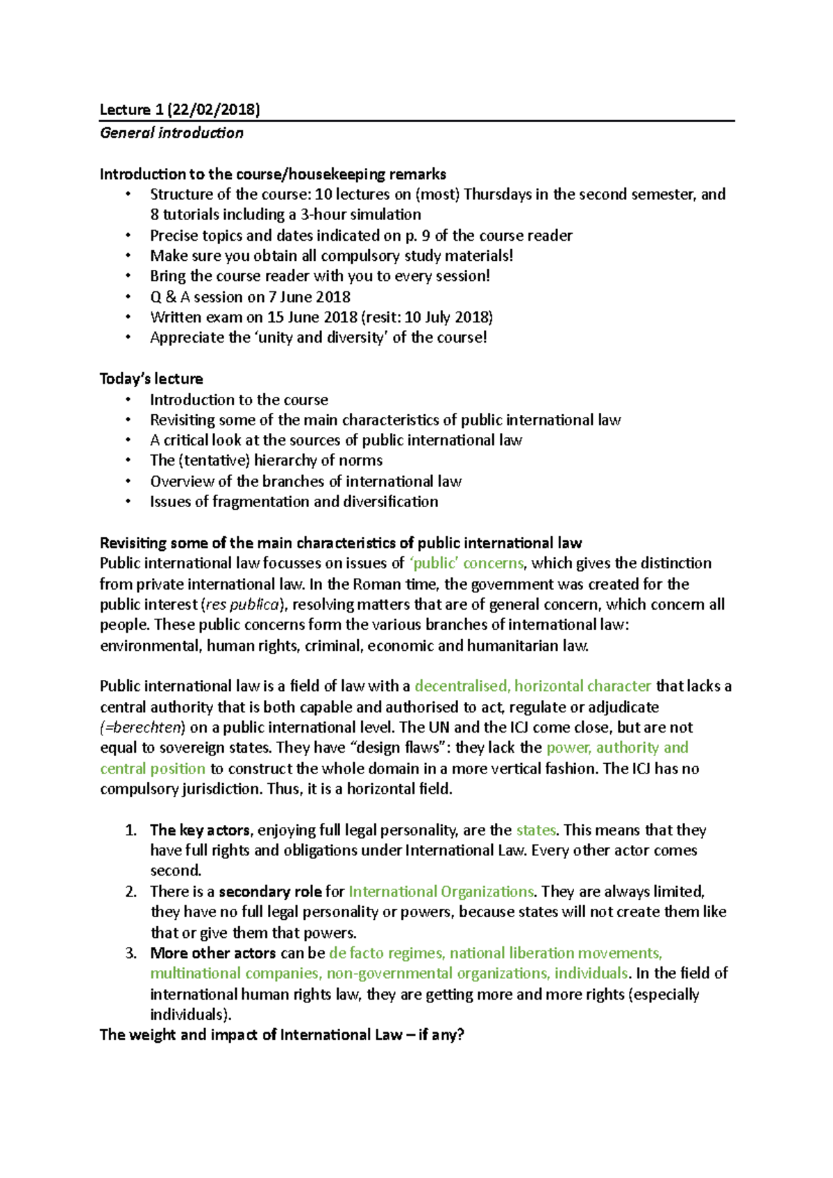 HC 1 - Lecture 1 Notes: Introduction to Public International Law ...