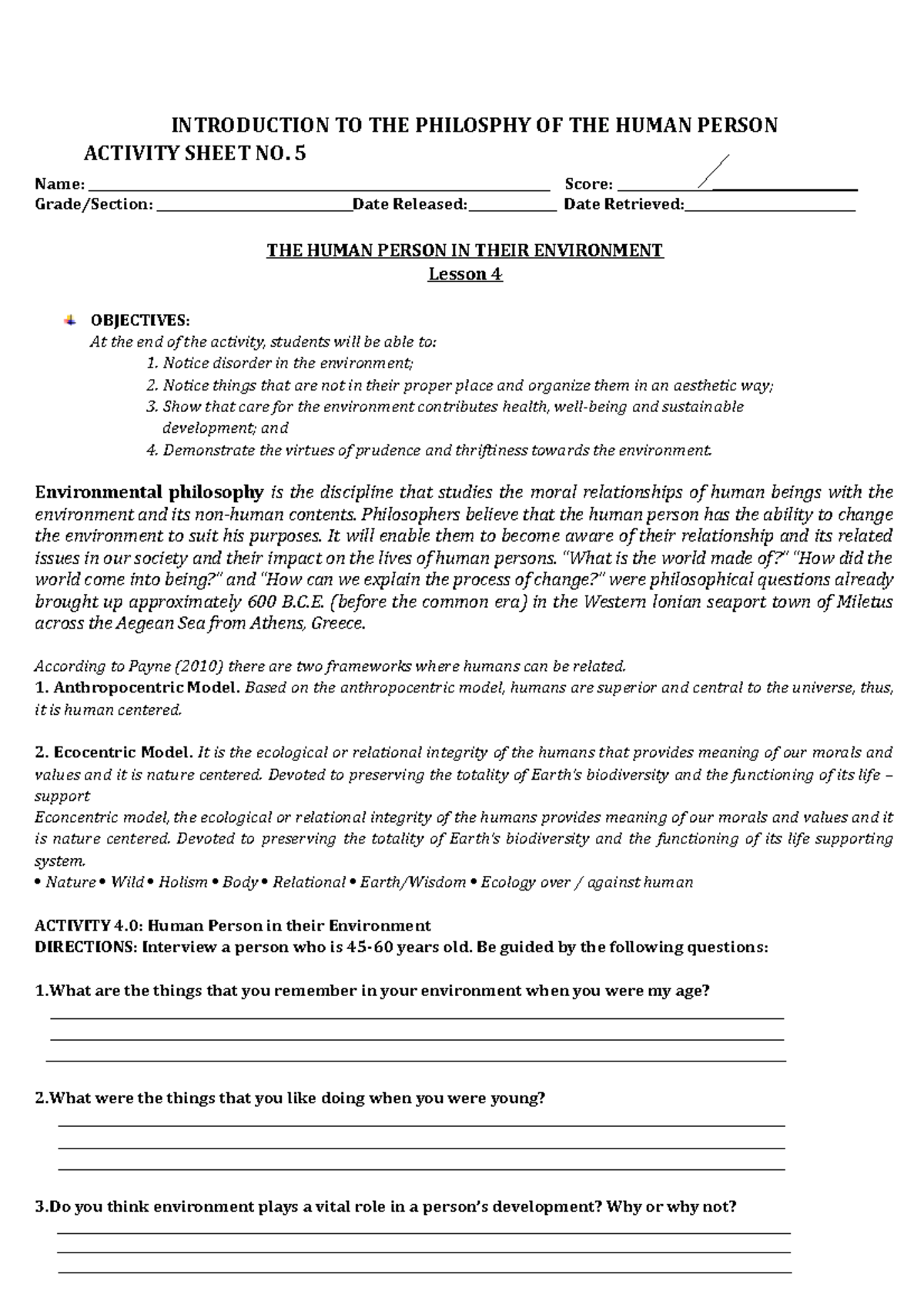 Activity Sheet 5: Human Person and Environmental Philosophy Insights ...