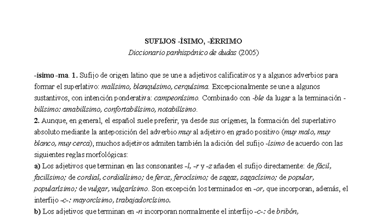 Sufijos -ísimo y -érrimo en el DPD (Diccionario Panhispánico) - Studocu