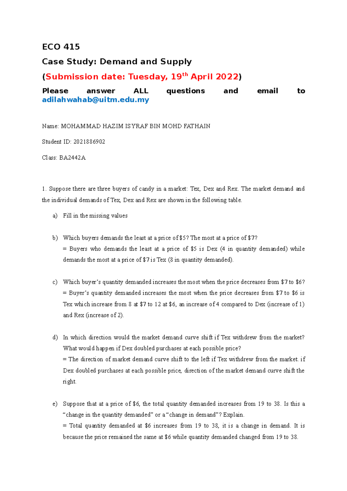 Case study Demand and Supply ECO 415 - ECO 415 Case Study: Demand and ...