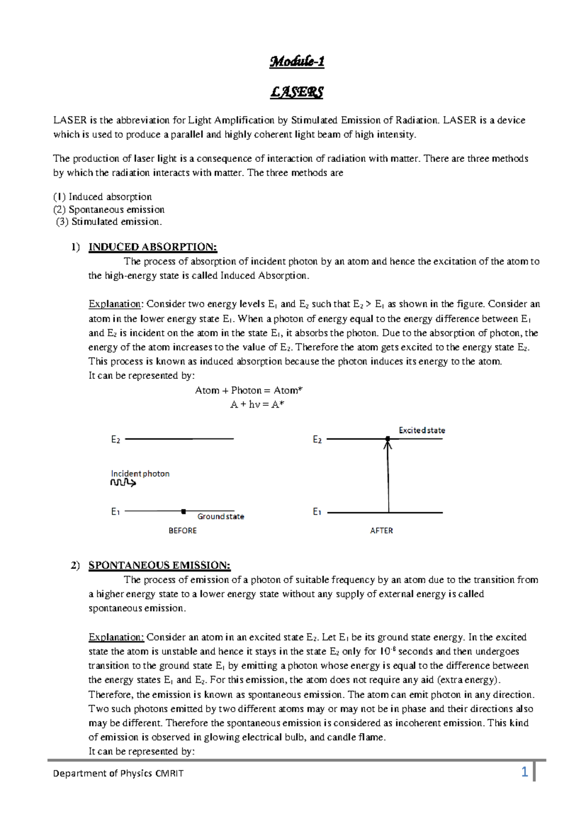 Module 1: Comprehensive Notes on Lasers - Concepts & Applications - Studocu